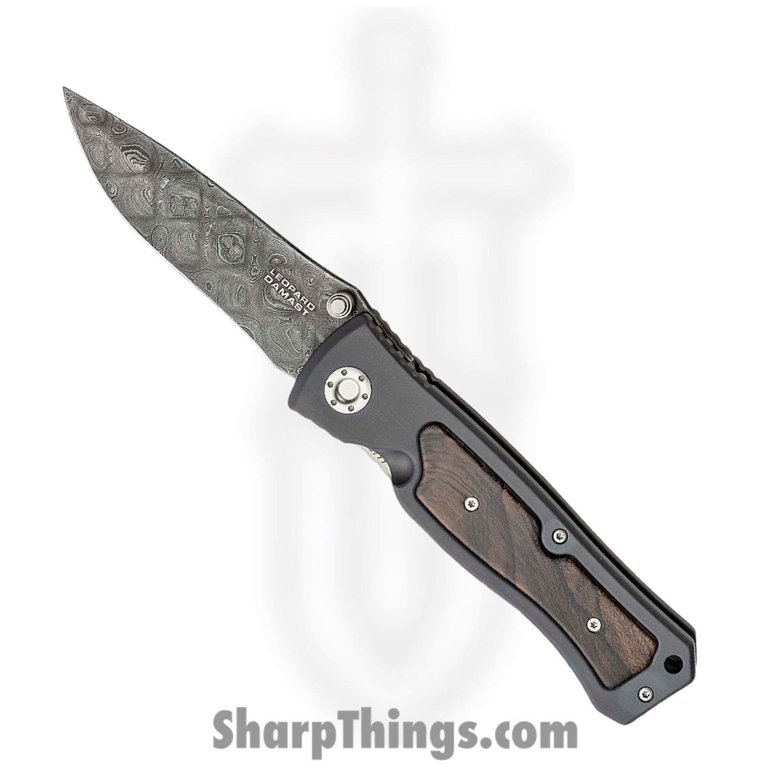 Boker - BO111054DAM - Leopard II - Folding Knife - Damascus Damascus Drop Point - Aluminum with Ziracote Wood Inlay - Gray Brown