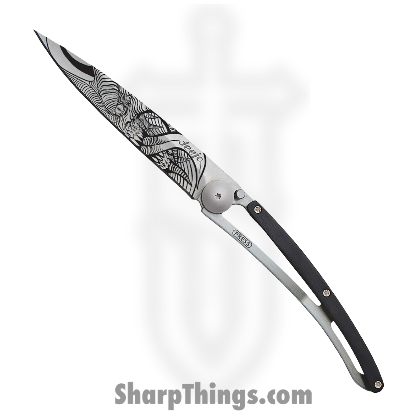Deejo - DEE1CB028 - Tattoo Demon 37g - Folding Knife - 420 SS Coated Drop Point - Ebony Wood SS - Black