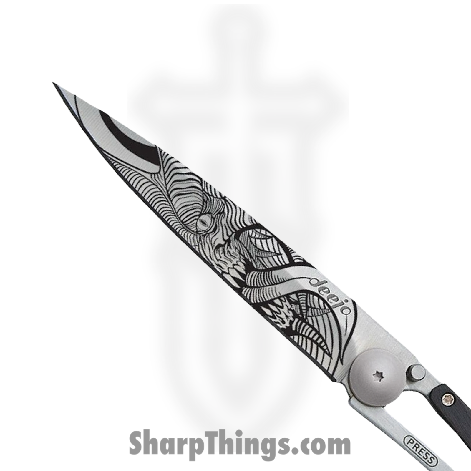 Deejo - DEE1CB028 - Tattoo Demon 37g - Folding Knife - 420 SS Coated Drop Point - Ebony Wood SS - Black - Image 2