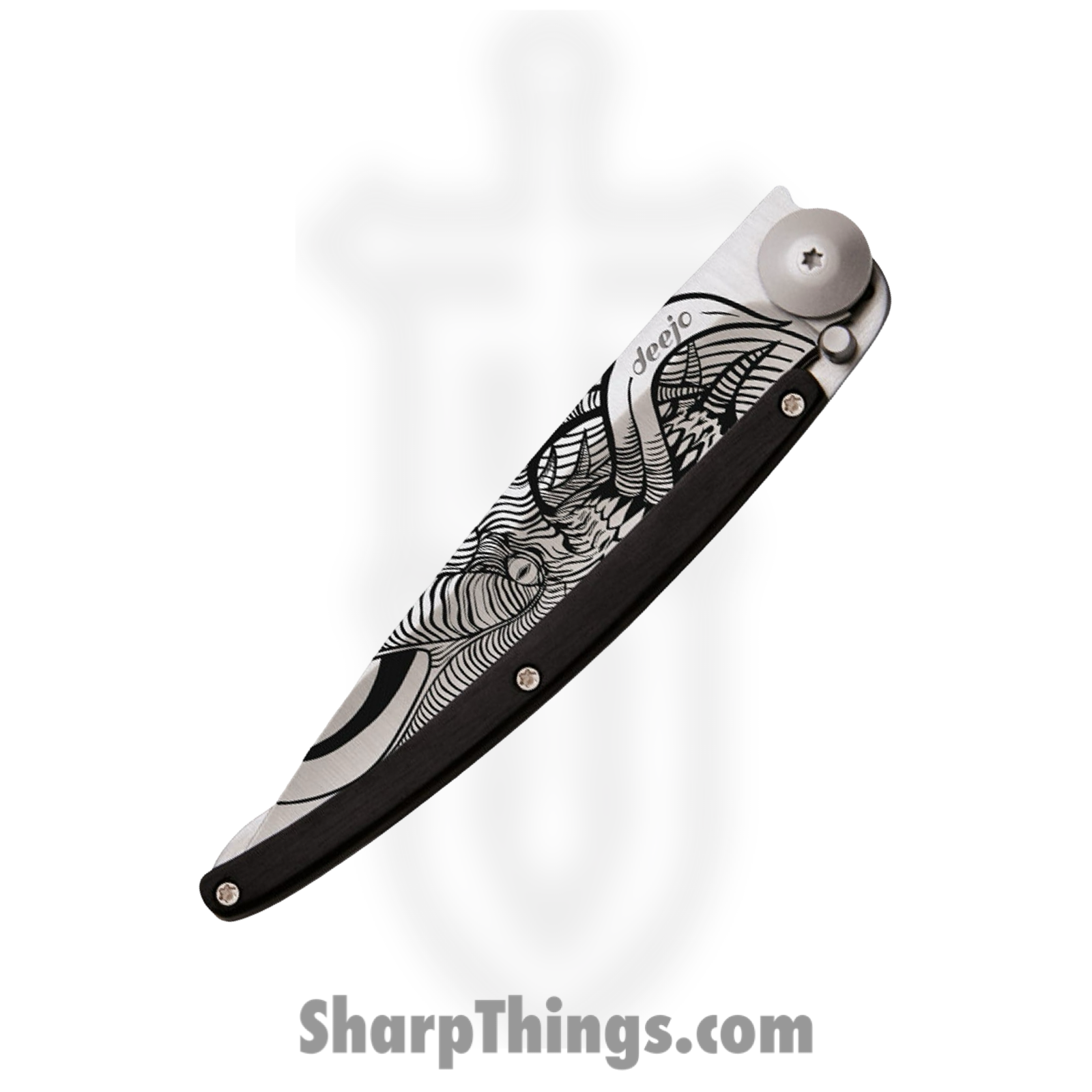 Deejo - DEE1CB028 - Tattoo Demon 37g - Folding Knife - 420 SS Coated Drop Point - Ebony Wood SS - Black - Image 3
