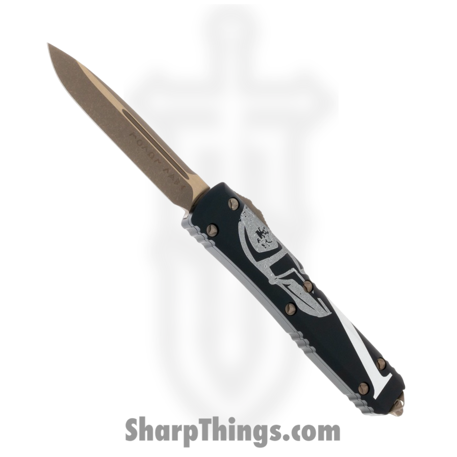 Microtech - 121-13MLS - Ultratech Molon Labe - OTF Auto - M390, 204P, Elmax, or XHP Bronzed Apocalyptic Drop Point - Aluminum - Black White