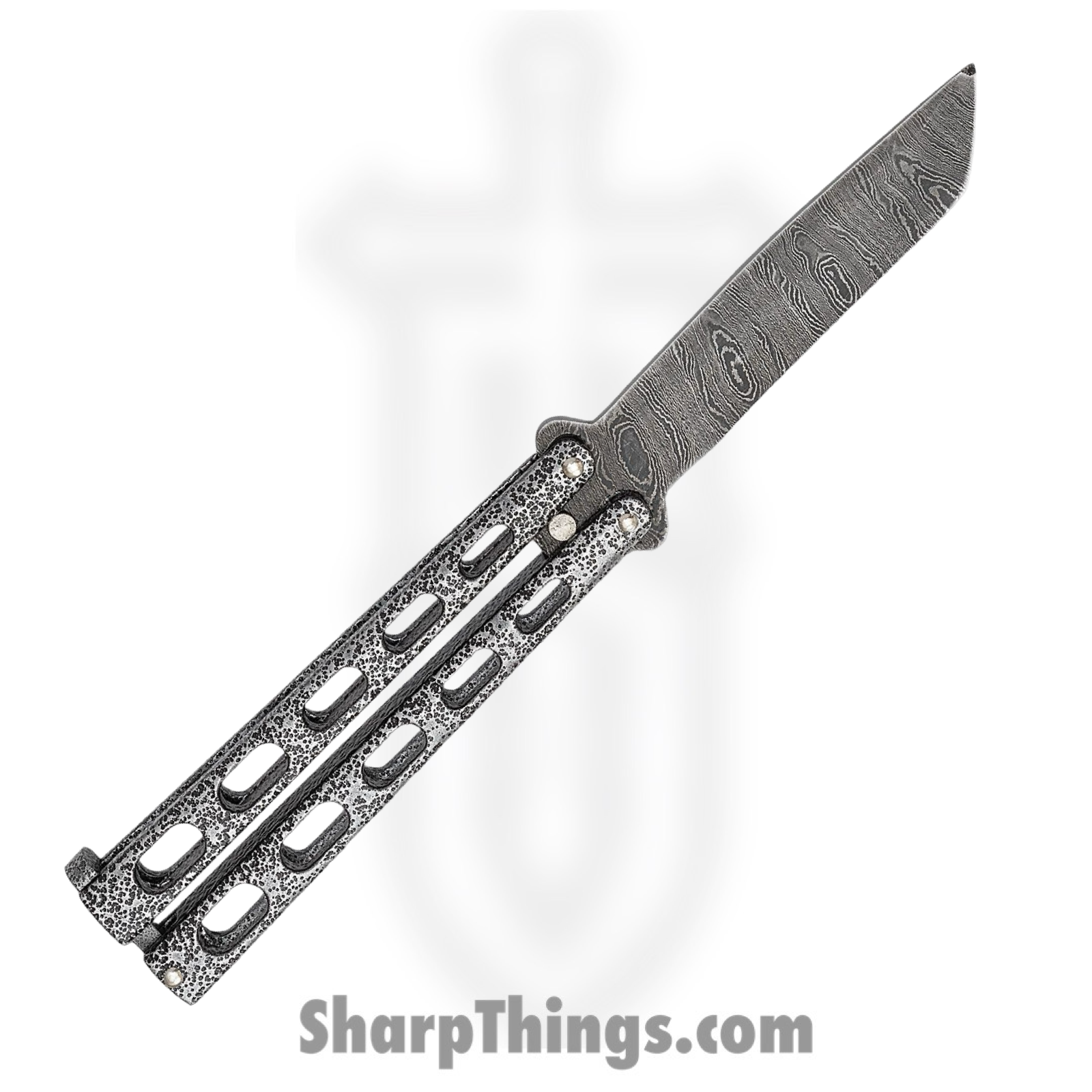 Bear & Son - BC114AD - Butterfly Silver Vein - Balisong - Damascus Damascus Tanto - Powder Coated Zinc - Silver Black - Image 2