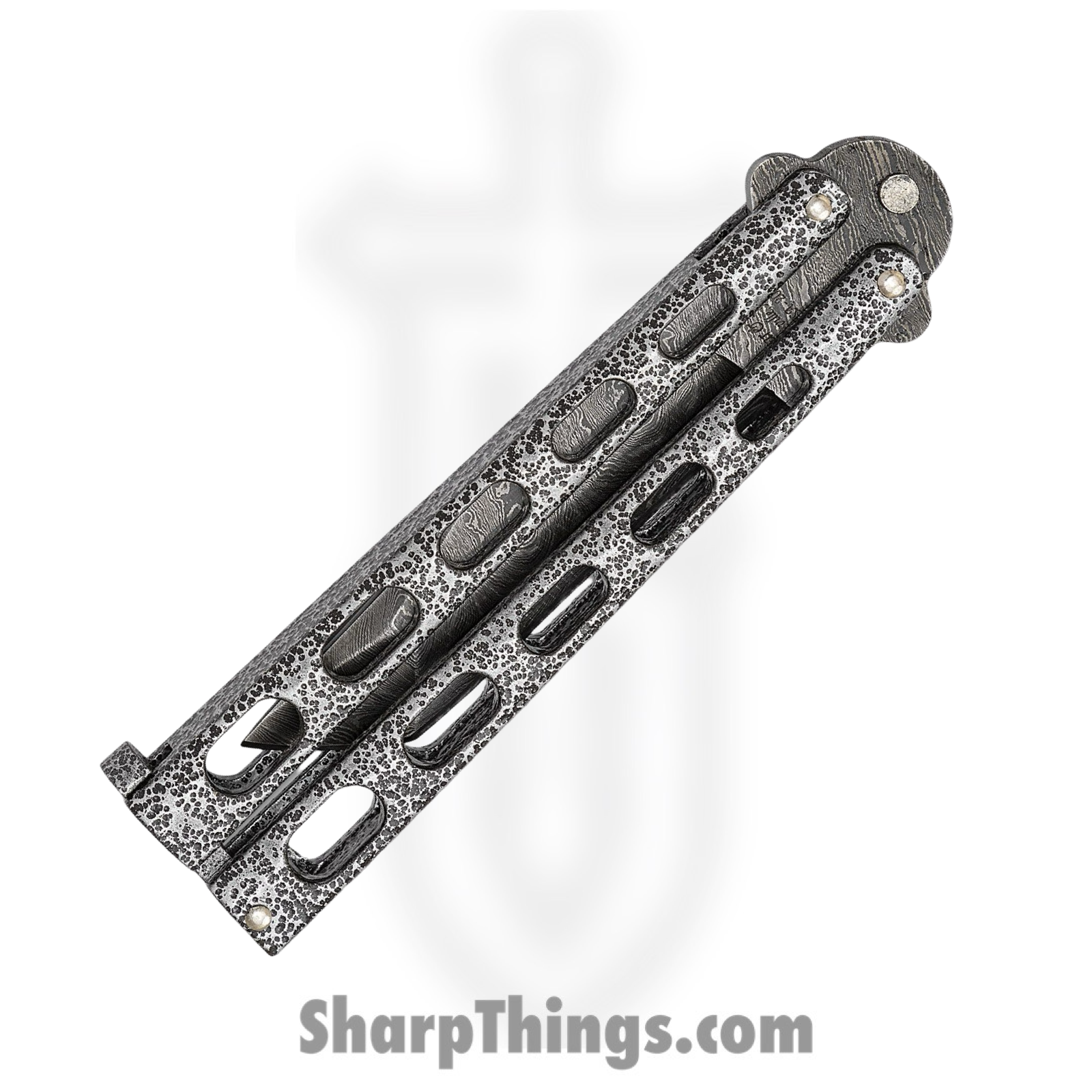 Bear & Son - BC114AD - Butterfly Silver Vein - Balisong - Damascus Damascus Tanto - Powder Coated Zinc - Silver Black - Image 4