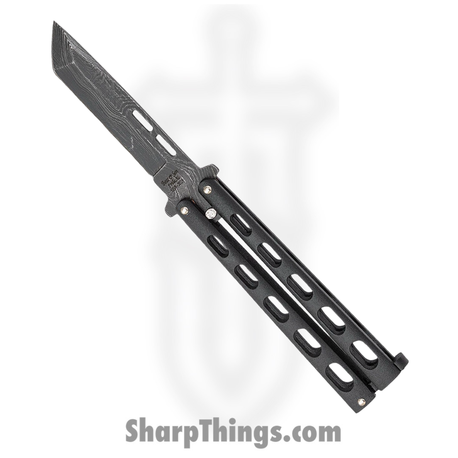 Bear & Son - BC115TAND - Butterfly Silver Vein - Balisong - Damascus Damascus Tanto - Powder Coated Zinc - Black