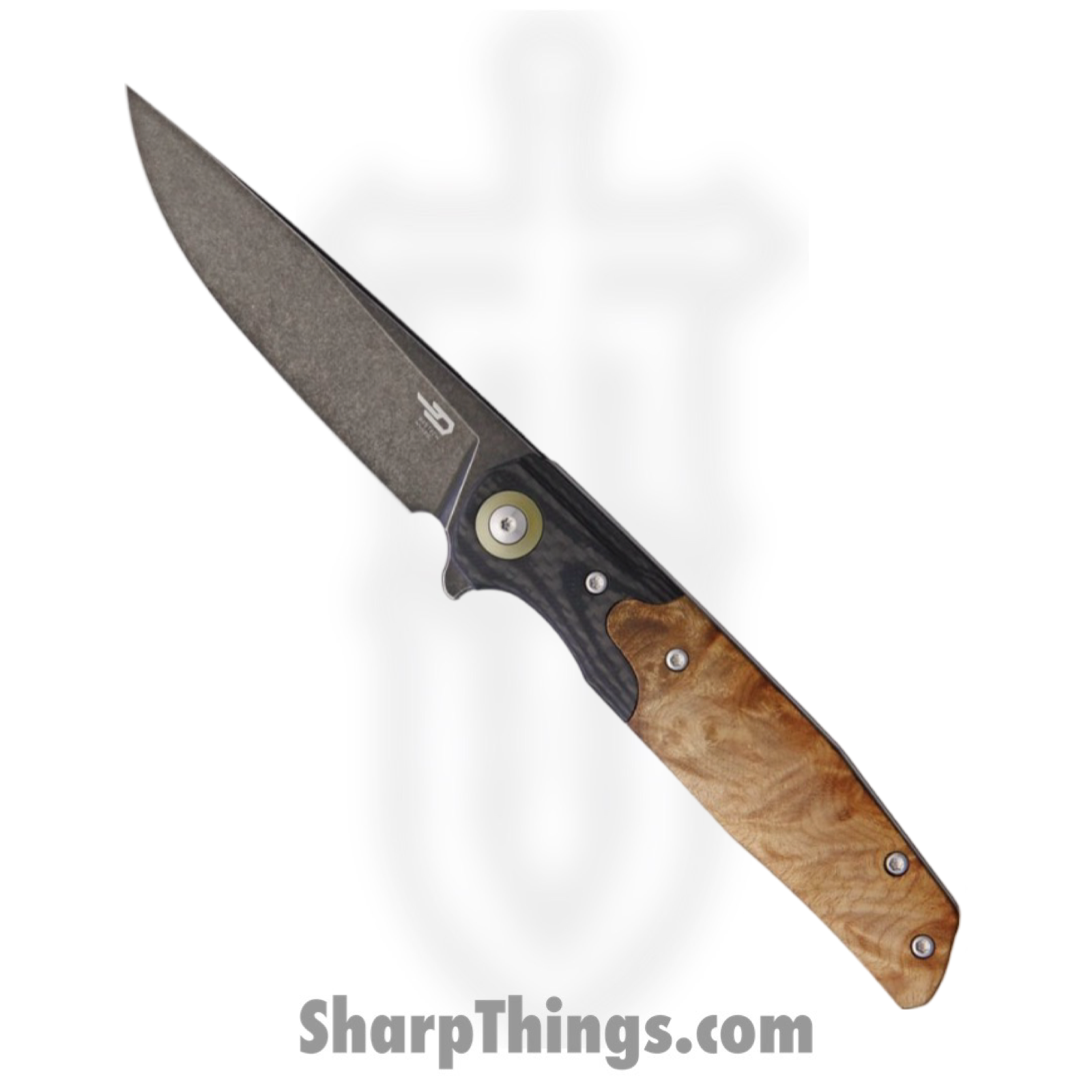 Bestech Knives - BTKG19E - Ascot - Folding Knife - D2 Blackwash Drop Point - Burl Wood - Brown Black