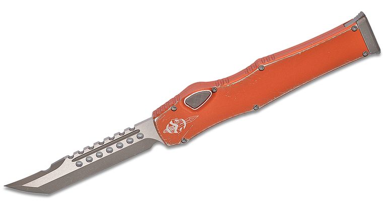 Microtech - 519-10DOR - Halo IV - OTF Auto - Elmax, M390, 204P Apocalyptic Hellhound Tanto - 6061-T6 Aluminum - Distressed Orange - Image 6
