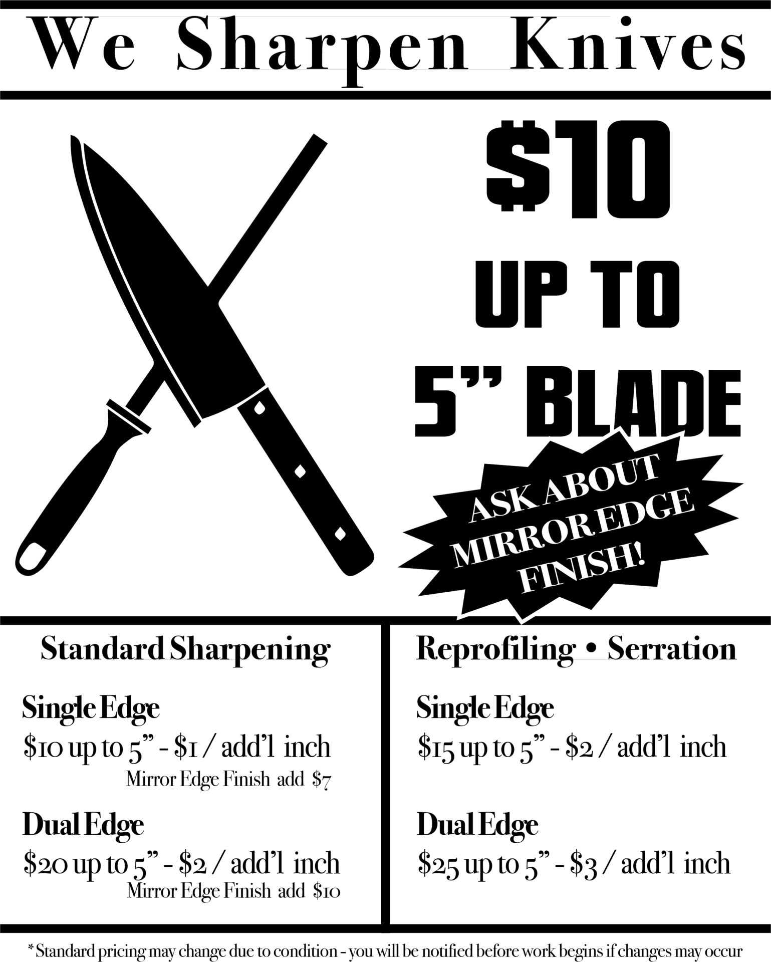 Sharpening - S/E Mirror Edge Finish up to 5 Inches