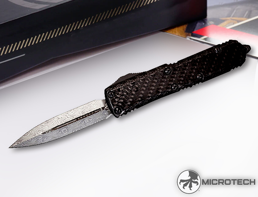 Microtech - 232-16CFS - UTX-85 Signature Series - OTF Auto - Damascus Damascus Dagger - Carbon Fiber/Aluminum - Black - Image 5