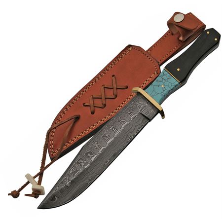 Damascus - DM1149 - Bowie - Fixed Blade Knife - Damascus Clip Point - Buffalo Horn Turquoise - Black Blue - Image 5