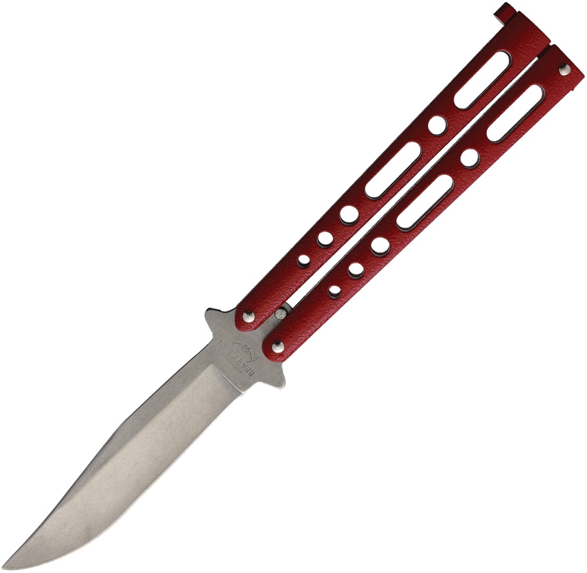 Bear & Son - BC117RDSW - Butterfly - Balisong - 440 SS Stonewash Clip Point - Powder Coated Zinc - Red - Image 2