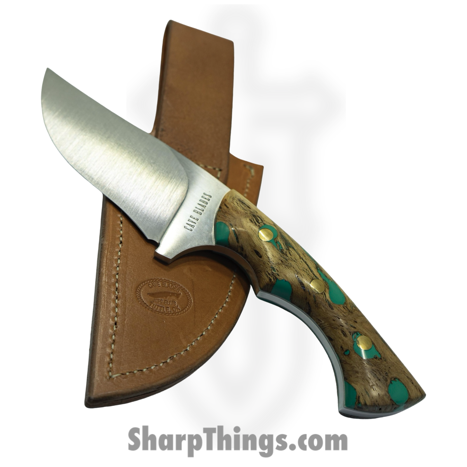 Cave Blades - CaveHunt4 - Hunter - Fixed Blade Knife - 154CM Satin Drop Point - Stabilized Wood - Brown Teal