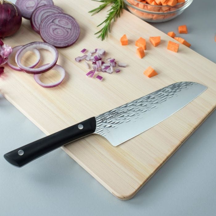 Kai - HT7064 - Pro Santoku 7" - Fixed Blade Knife - AUS-6 Hammered Wharncliffe - POM - Black - Image 10