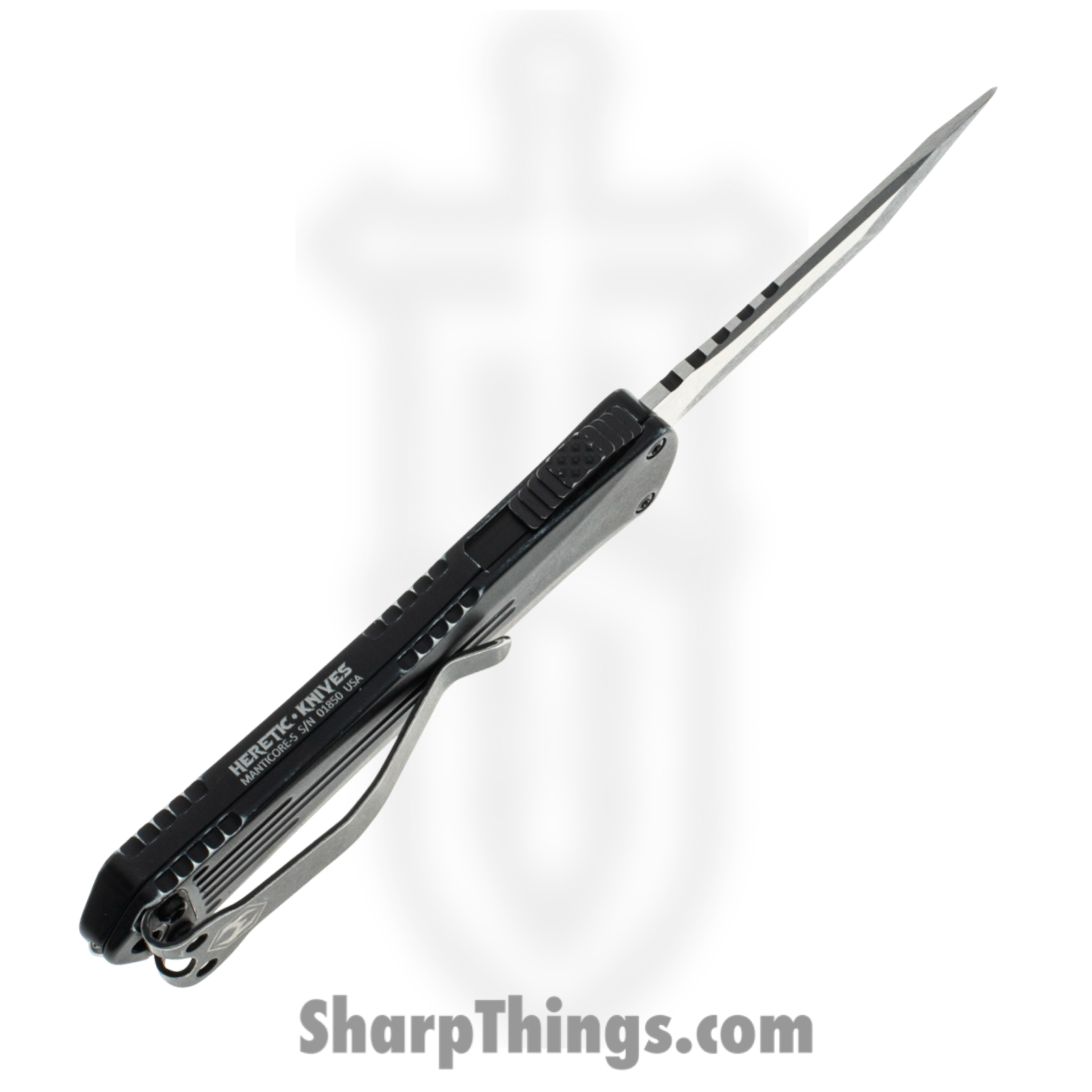 Heretic Knives - H023-8A-BATTLE - Manticore S - OTF Auto - Elmax Battleworn Tanto - 6061-T6 Aluminum - Black - Image 3