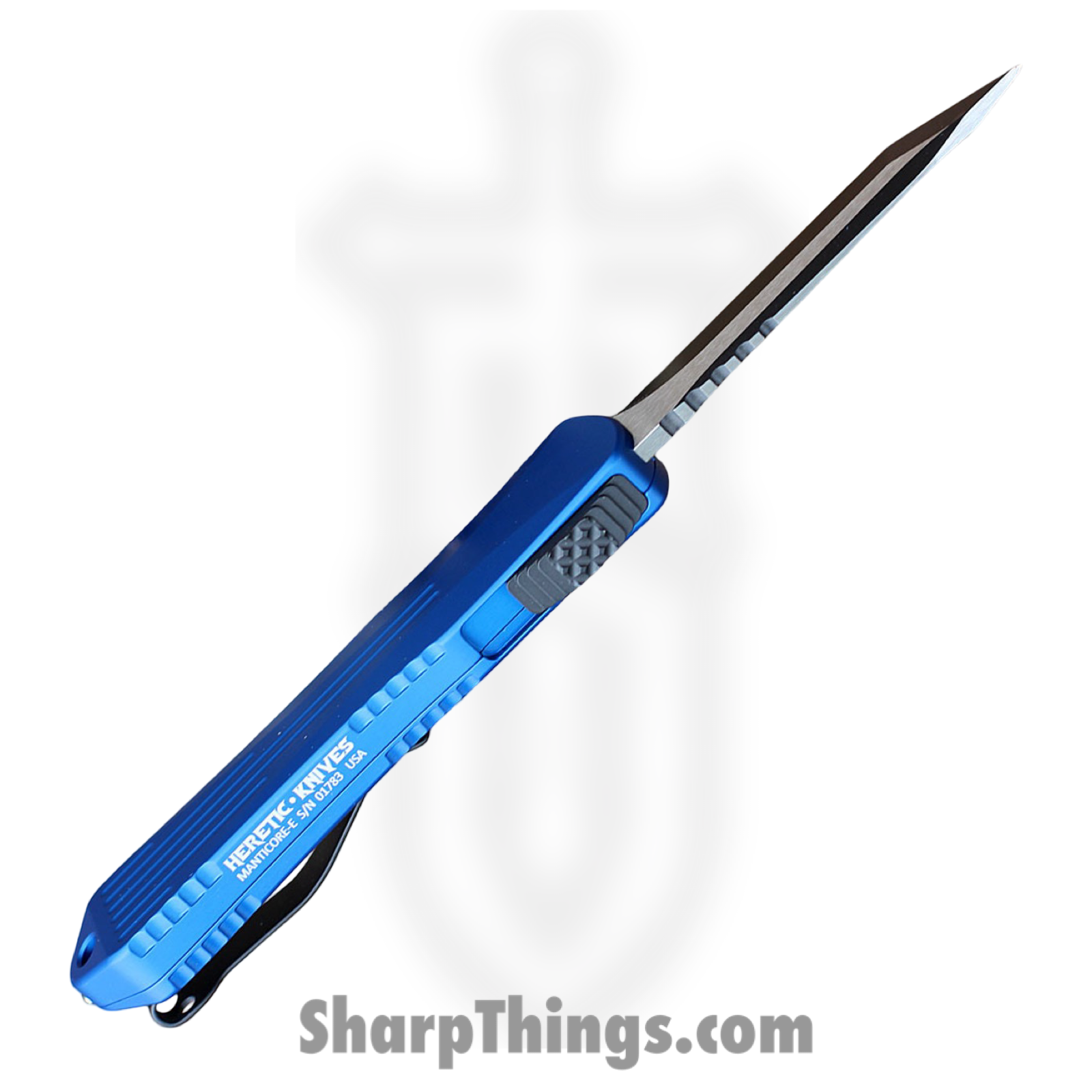 Heretic Knives - H027-8A-BLU - Manticore E - OTF Auto - Elmax Two Tone Tanto - 6061-T6 Aluminum - Blue - Image 4