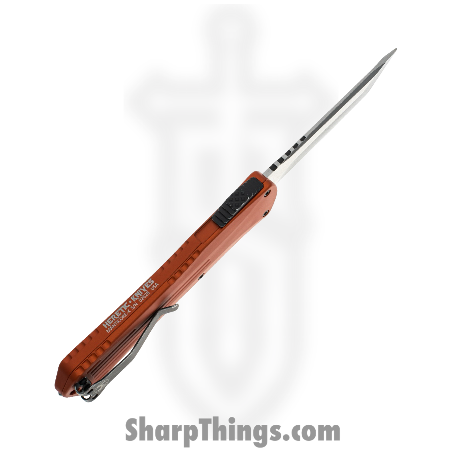 Heretic Knives - H031-8A-ORG - Manticore X - OTF Auto - Elmax Two Tone Tanto - 6061-T6 Aluminum - Orange - Image 3
