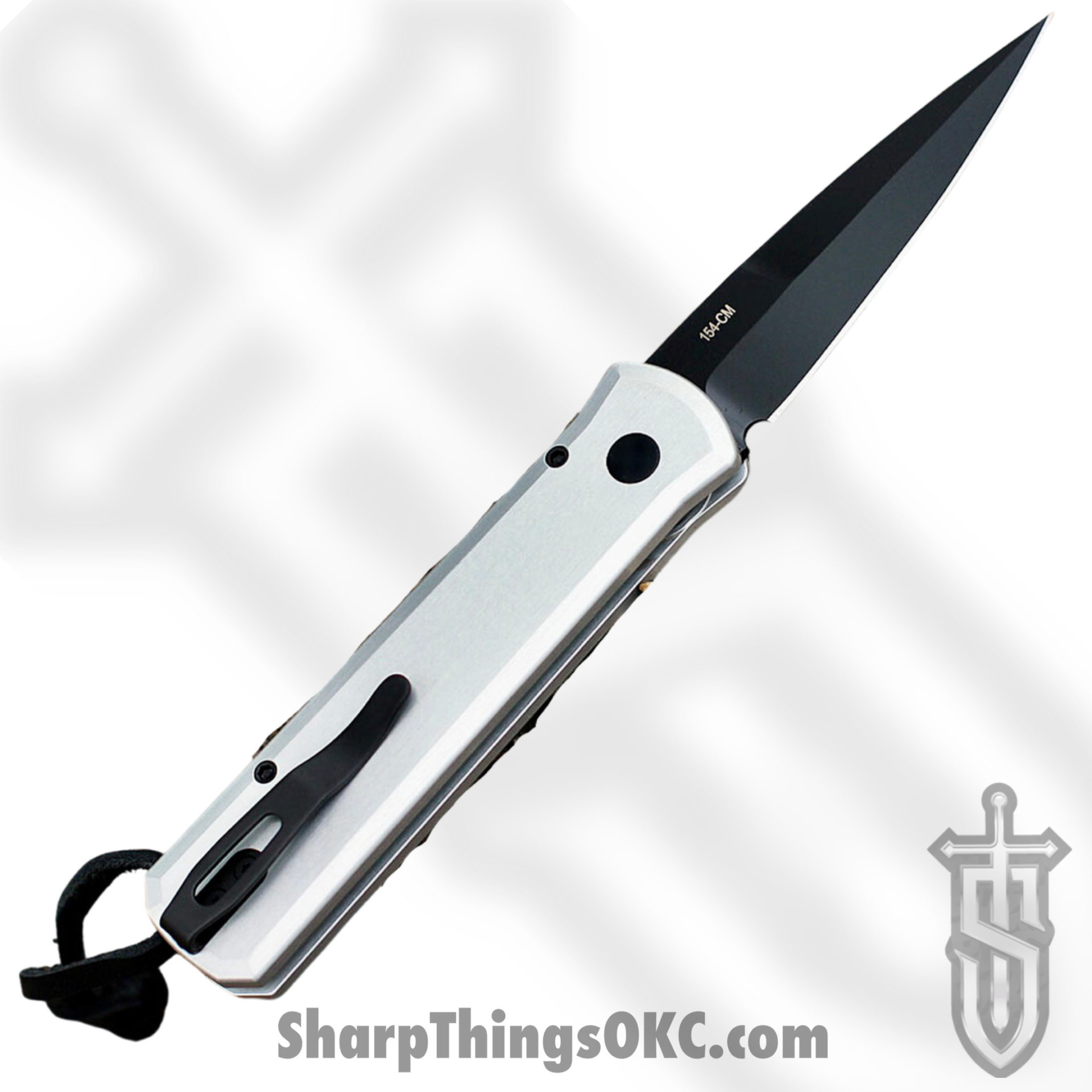 ProTech - 7GSD-2 - Godson - Automatic Knife - 154CM Black Spear Point - 6061-T6 Aluminum Leather Inlay - Silver Black