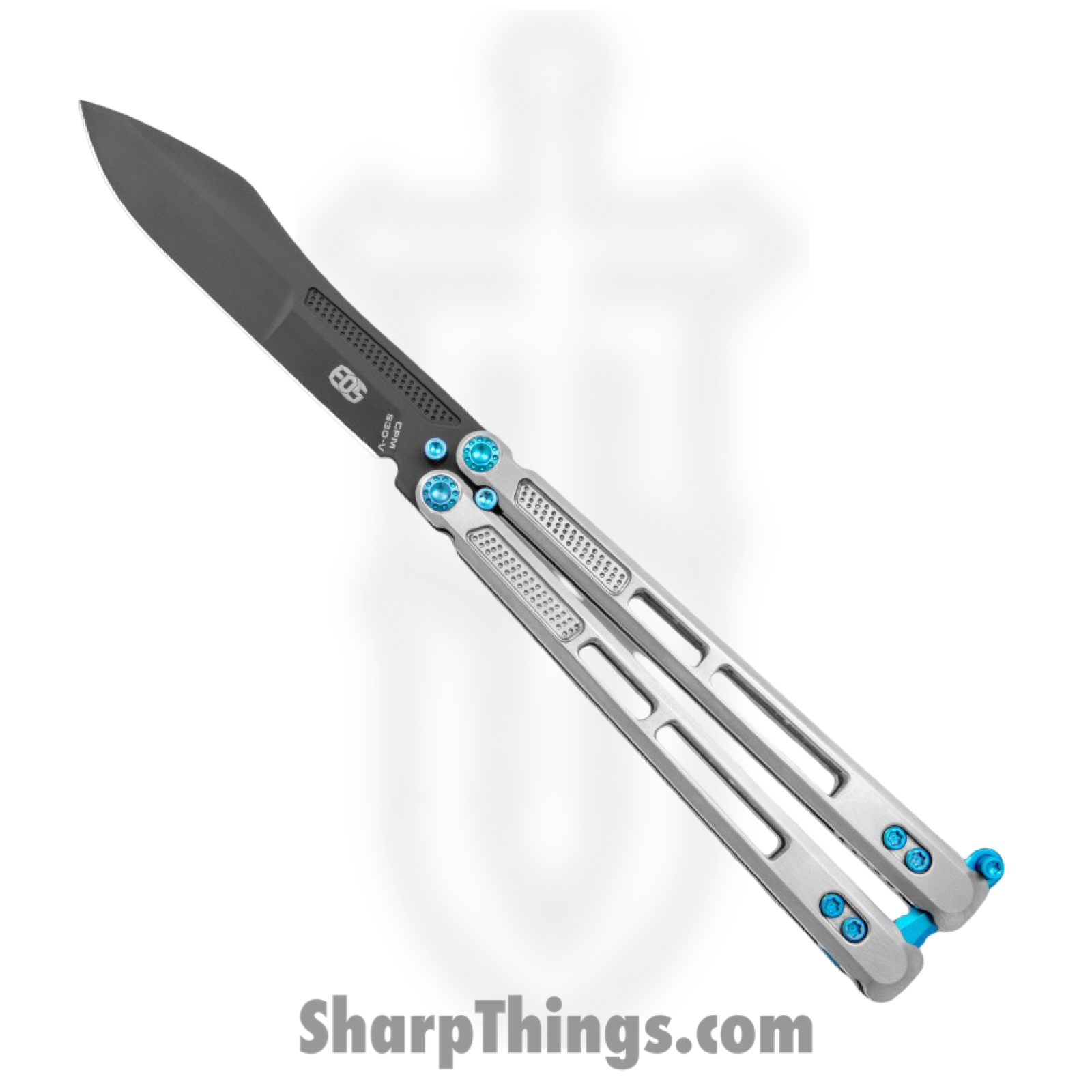 EOS - EOS102 - Trident - Balisong - CPM S30V Stonewash Modified Drop Point - Titanium - Gray Blue