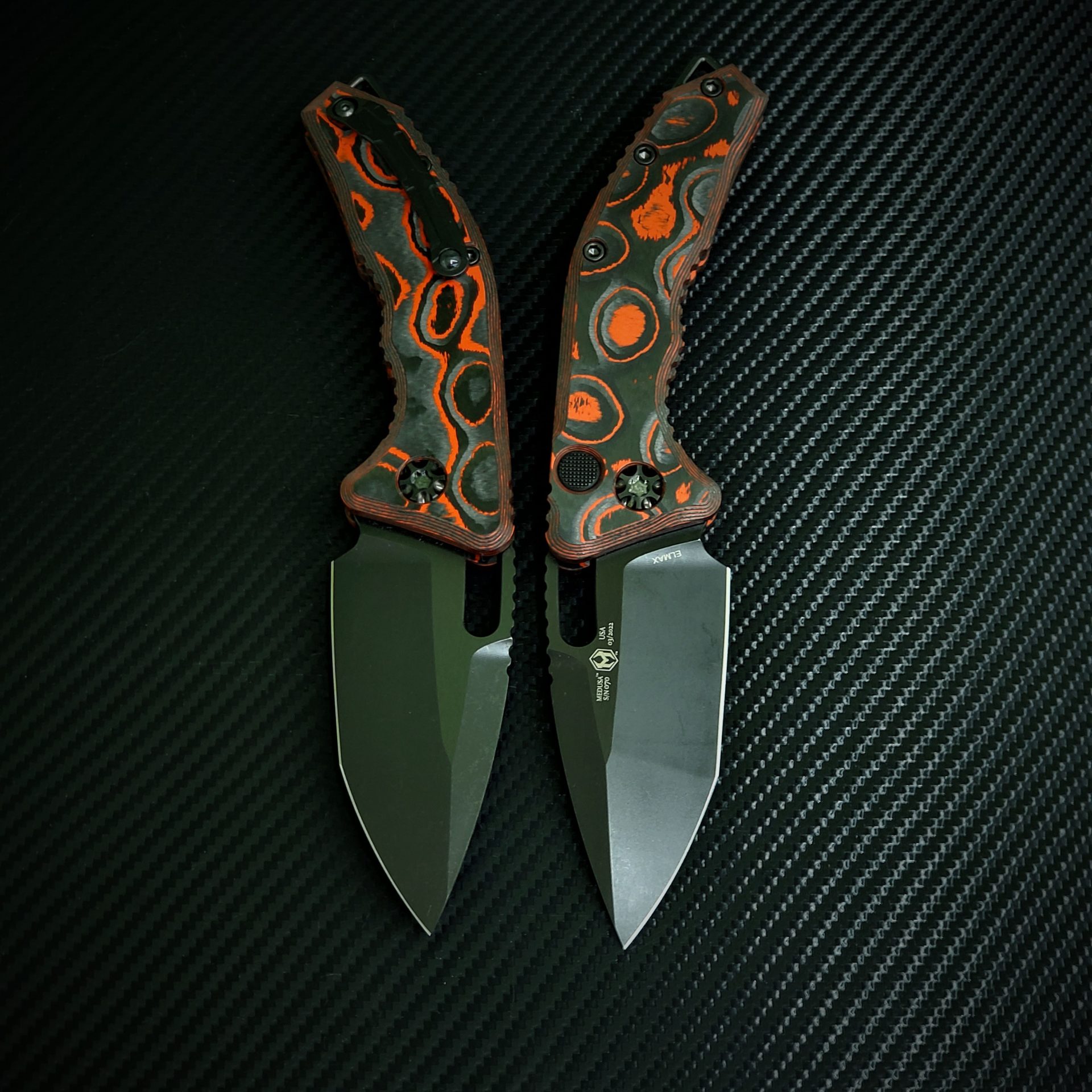 Heretic Knives - H011-6A-ORCF - Medusa - Automatic Knife - Elmax Coated Tanto - Camo Carbon Fiber - Black/Orange - Image 5