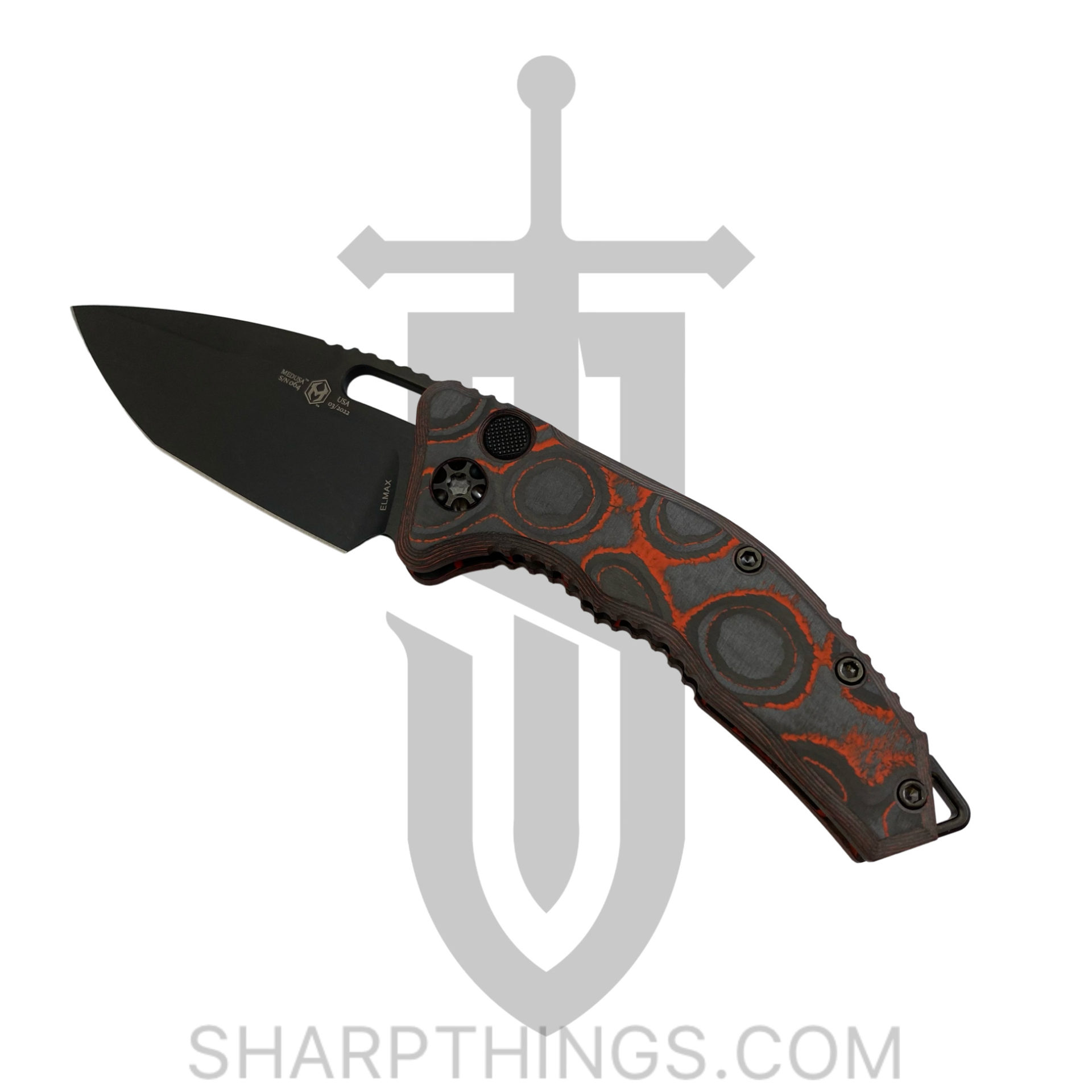 Heretic Knives - H011-6A-ORCF - Medusa - Automatic Knife - Elmax Coated Tanto - Camo Carbon Fiber - Black/Orange