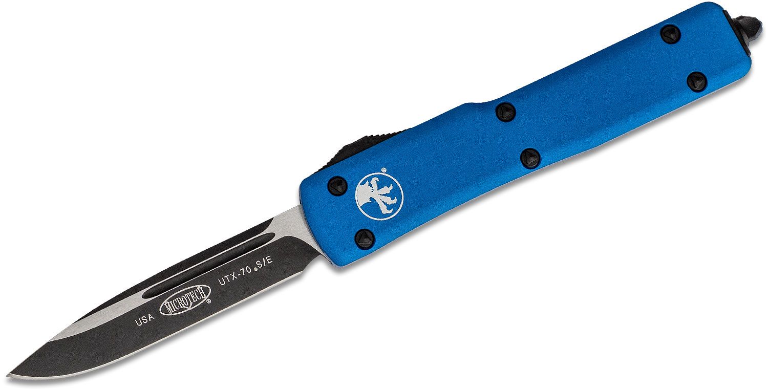Microtech - 148-4BL - UTX-70 - OTF Auto - Elmax, M390, 204P Satin Drop Point - 6061-T6 Aluminum - Blue - Image 4