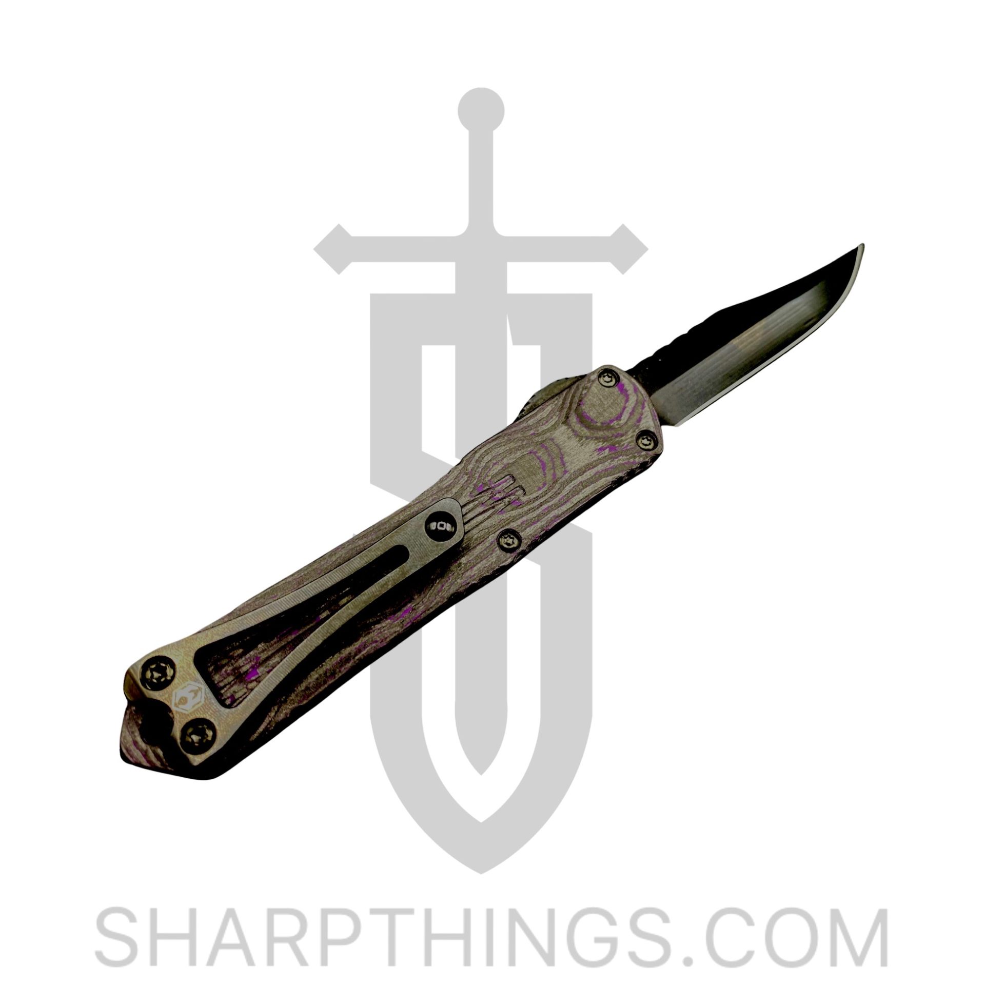 Heretic Knives - H022B-6A-PUCF - Manticore S - OTF Auto - Elmax Coated Bowie - Aluminum/Fat Carbon - Black/Purple