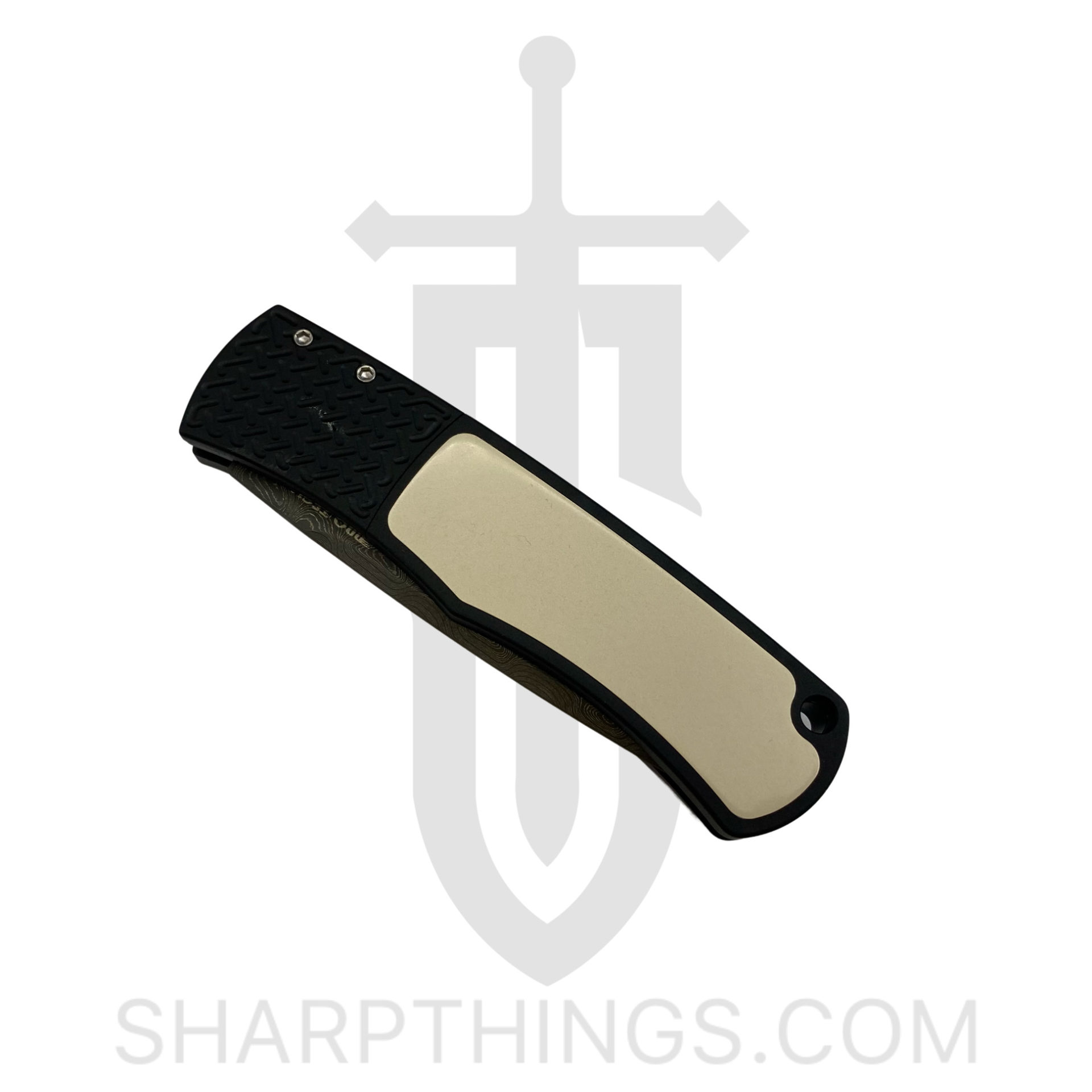 ProTech - Blemish - Whiskers - BR1.51 Damascus - Tuxedo - Nichols Damascus - Black Handle Ivory Micarta Patterned bolster - Image 3