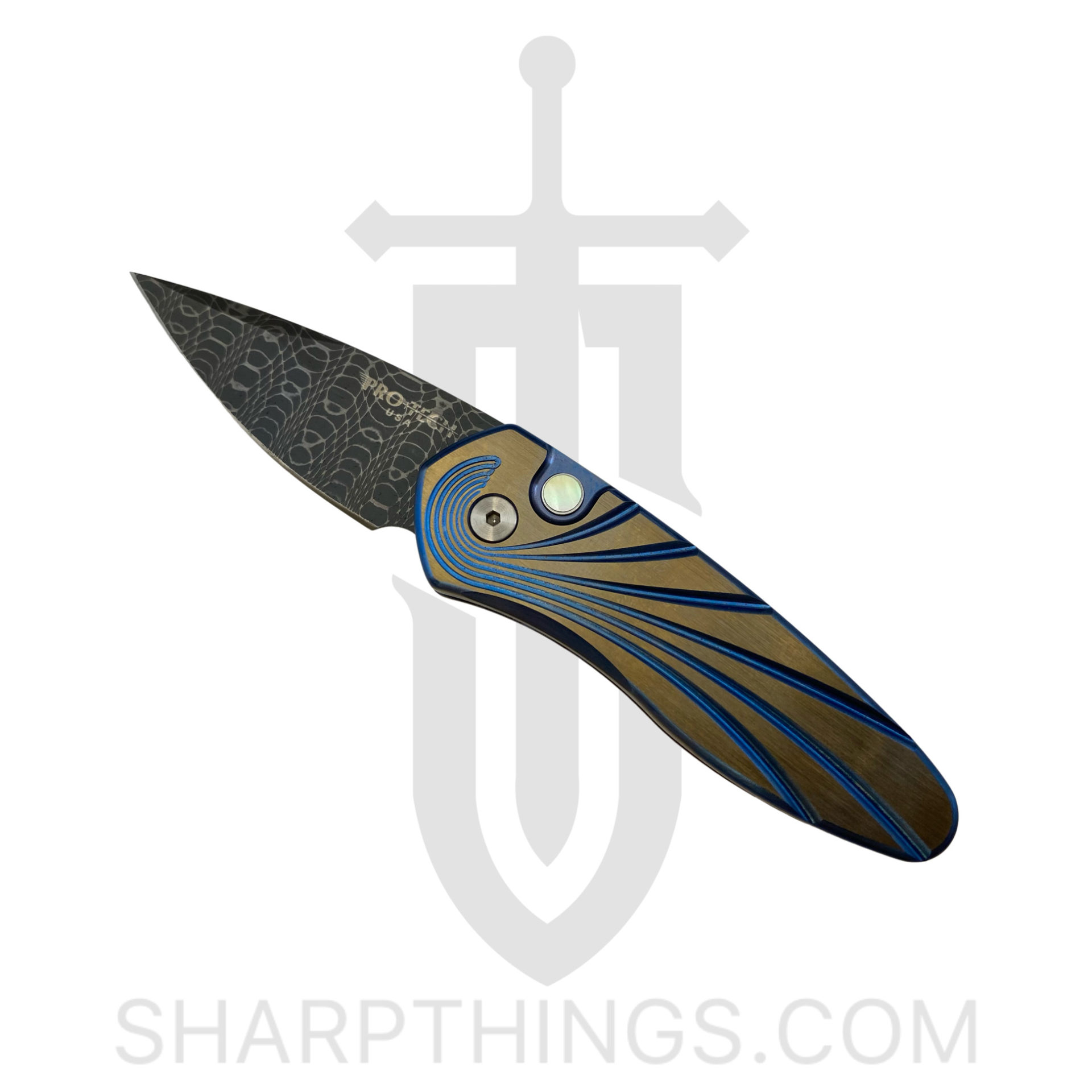 ProTech - 2951-S - Sprint Titanium Custom - Automatic Knife - Damascus Acid Etch Spear Point - Titanium - Gold/Blue
