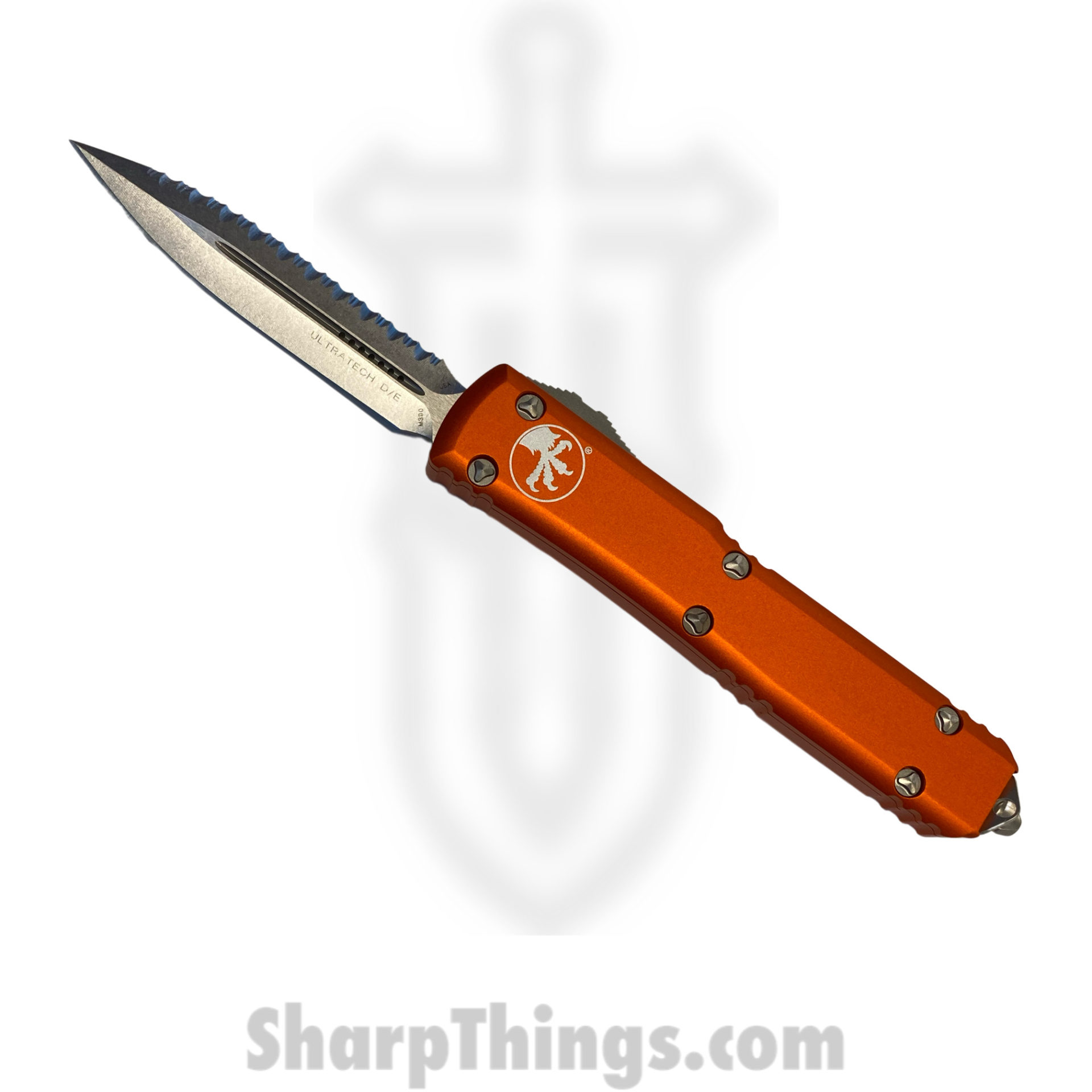 Microtech - 122-12OR - Ultratech - OTF Auto - Elmax, M390, 204P Stonewash Dagger - 6061-T6 Aluminum - Orange