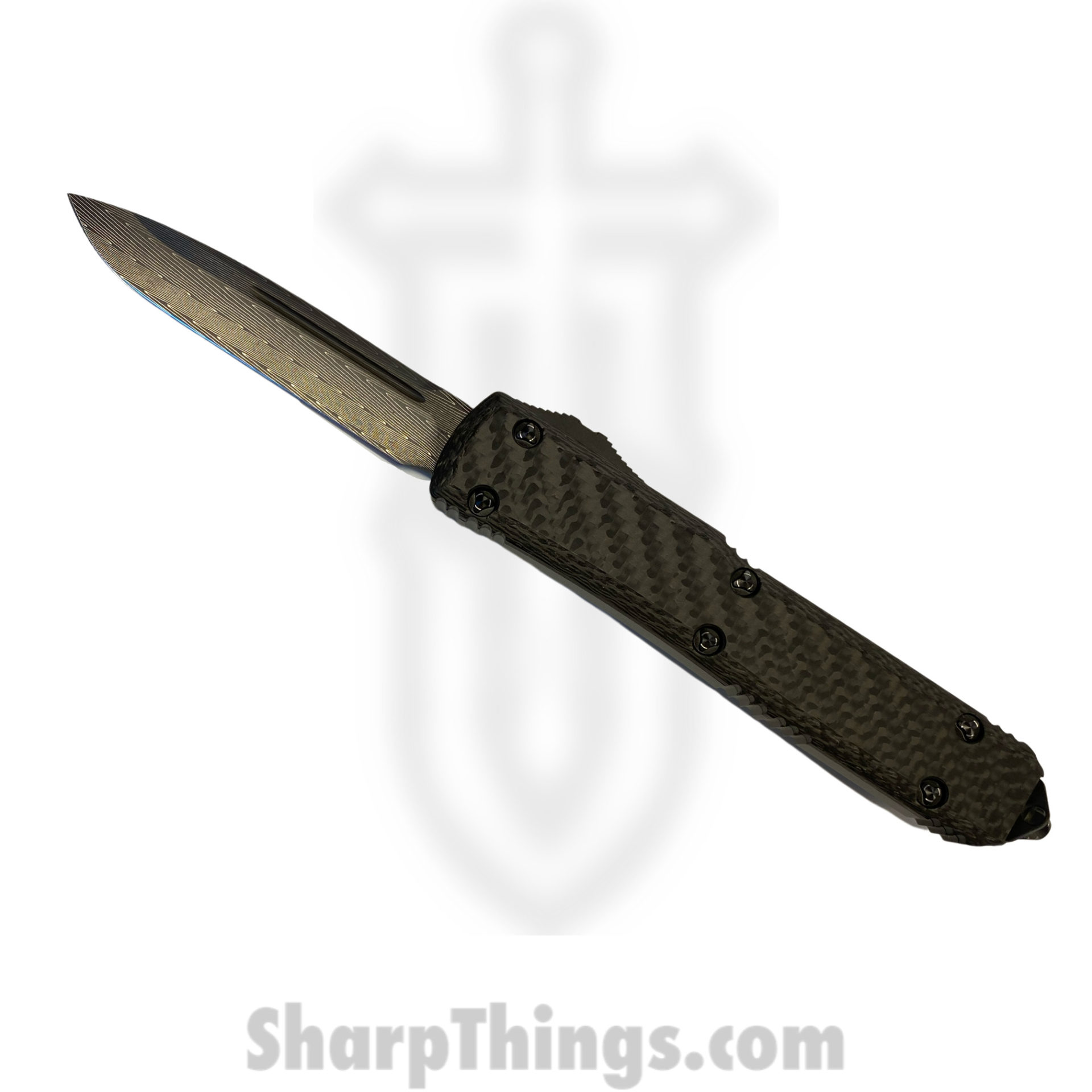 Microtech - 121-16CFS - Ultratech Signature Series - OTF Auto - Damascus Damascus Drop Point - Aluminum/CF - Black
