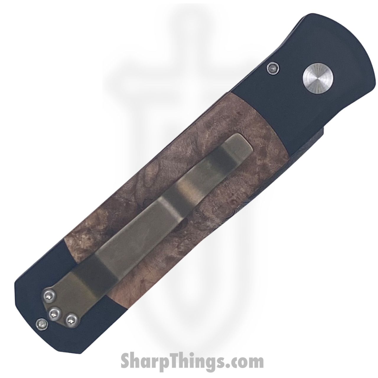 ProTech - 706-DAM-Ladder - Godson Custom - Automatic Knife - Damascus Damascus Spear Point - Aluminum/Maple Burl - Black/Brown - Image 5