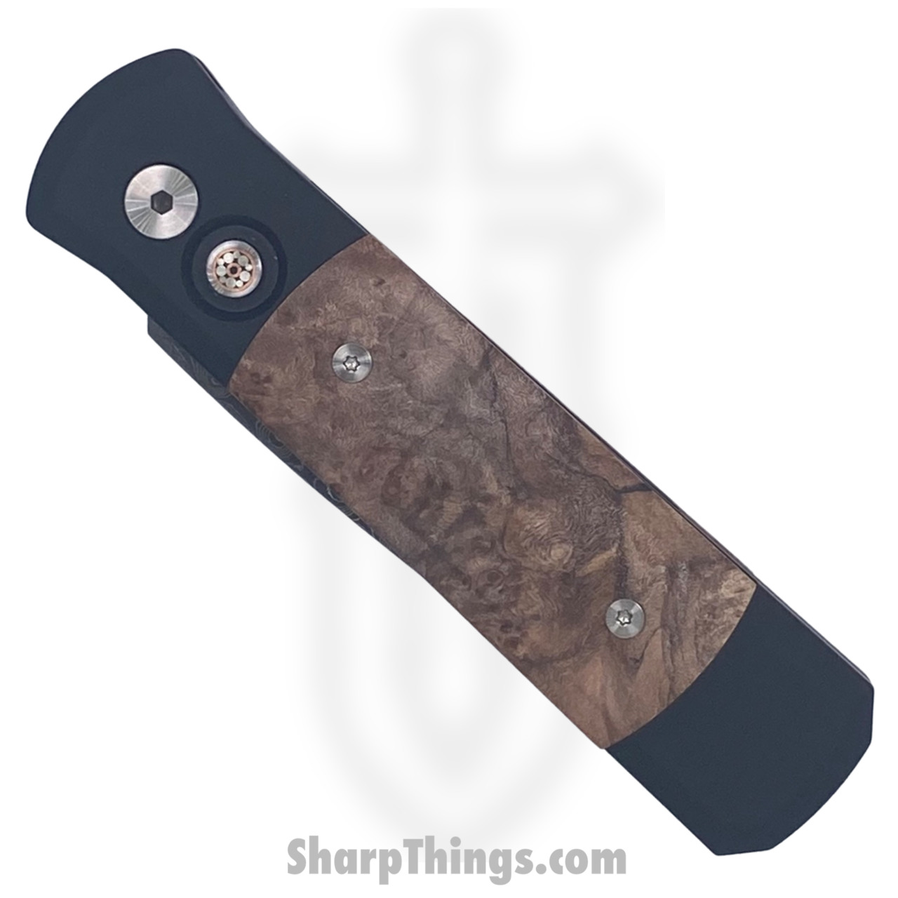 ProTech - 706-DAM-Ladder - Godson Custom - Automatic Knife - Damascus Damascus Spear Point - Aluminum/Maple Burl - Black/Brown - Image 4