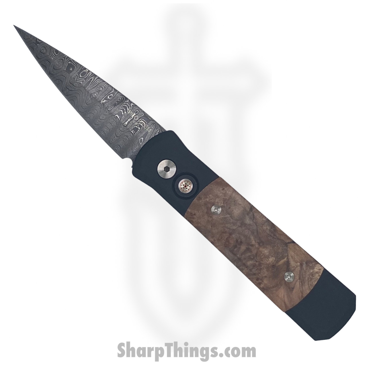 ProTech - 706-DAM-Ladder - Godson Custom - Automatic Knife - Damascus Damascus Spear Point - Aluminum/Maple Burl - Black/Brown