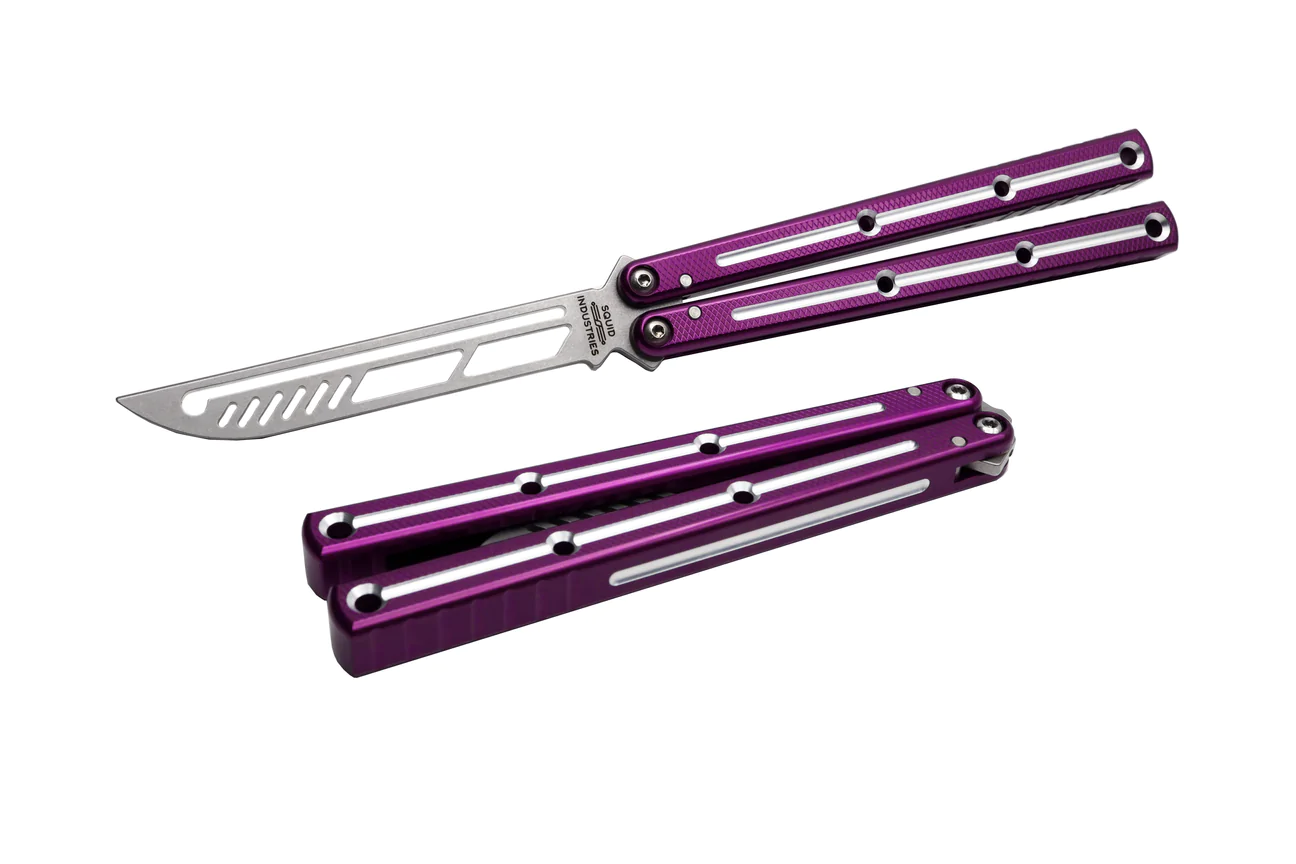 Squid Industries - BS0775 - Krake Raken Trainer V2.5 DT Purple - Balisong - Trainer - 7075 Aluminum - Purple - Image 3
