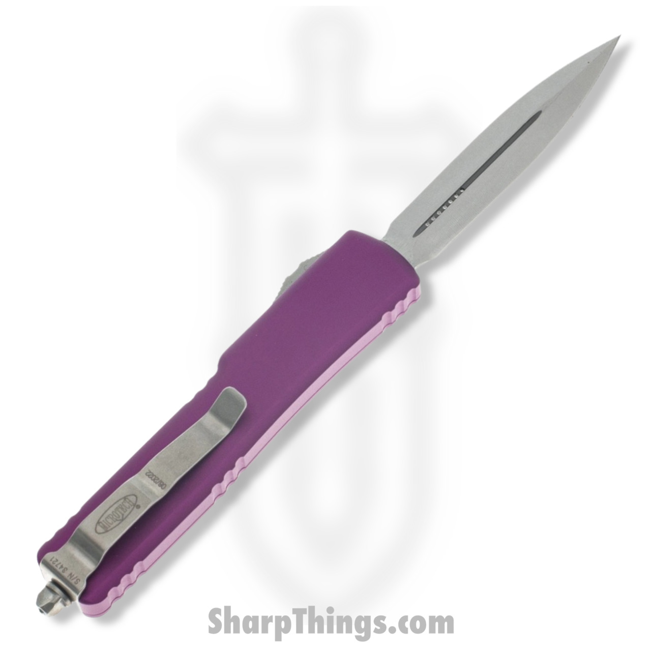 Microtech - 147-10VI - UTX-70 - OTF Auto - Elmax, M390, 204P Stonewash Dagger - 6061-T6 Aluminum - Violet - Image 3