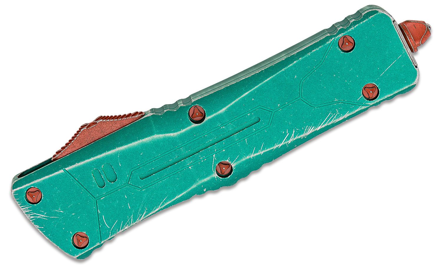 Microtech - 144-10BH - Combat Troodon Bounty Hunter - OTF Auto - Elmax, M390, 204P Apocalyptic Tanto - 6061-T6 Aluminum - Green/Red/Yellow - Image 5