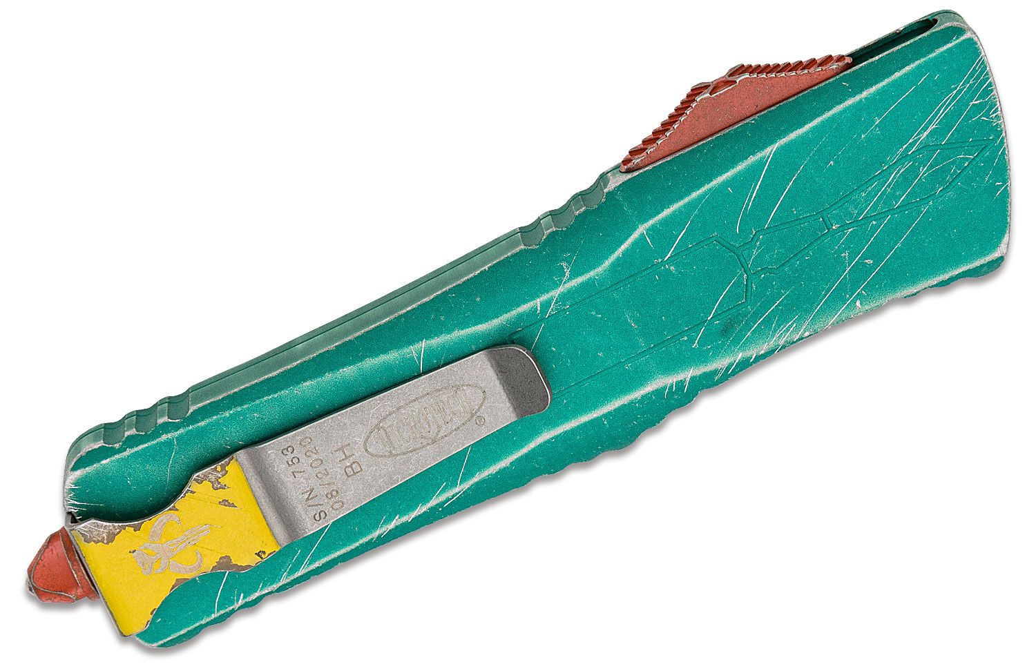 Microtech - 144-10BH - Combat Troodon Bounty Hunter - OTF Auto - Elmax, M390, 204P Apocalyptic Tanto - 6061-T6 Aluminum - Green/Red/Yellow - Image 6