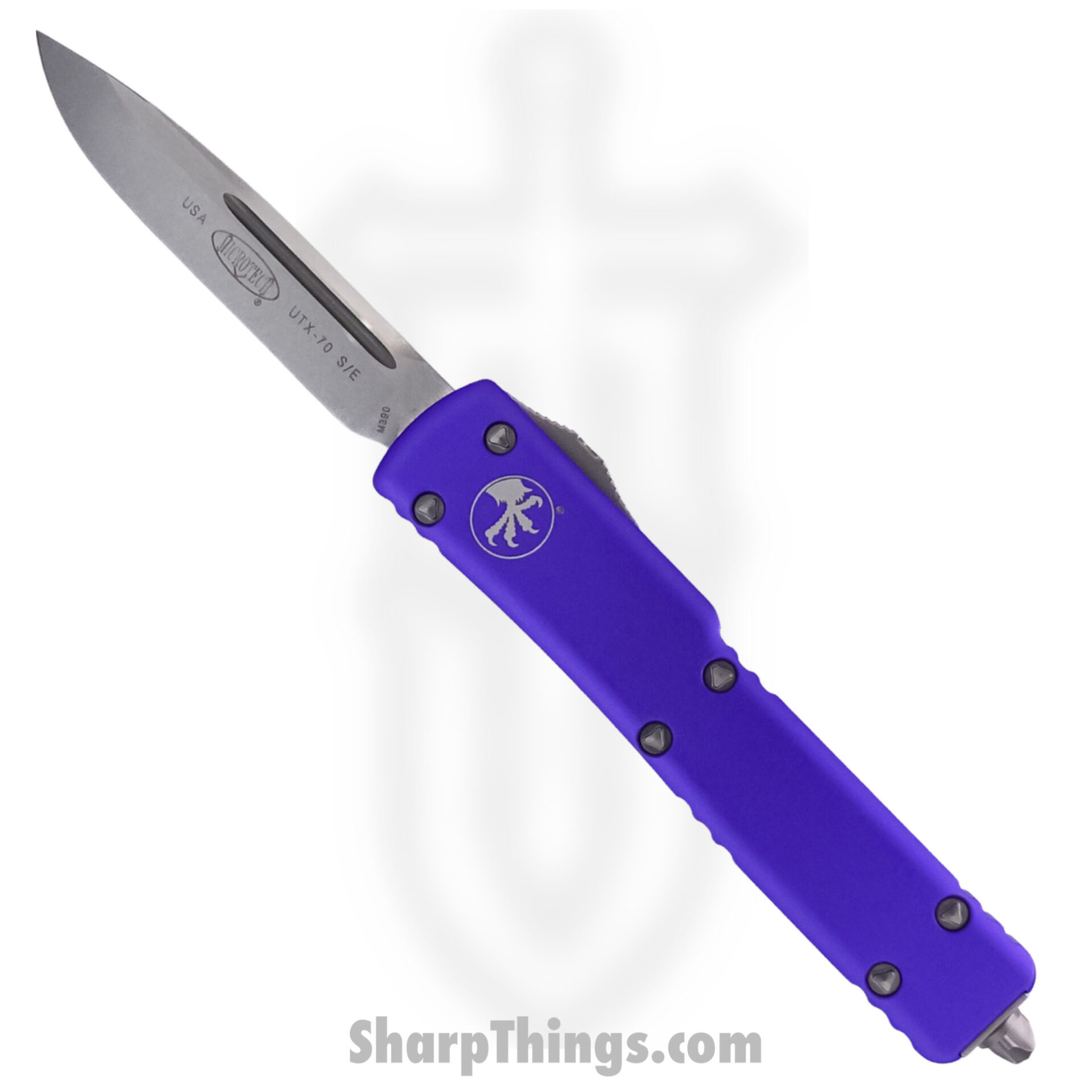 Microtech - 148-10PU - UTX-70 - OTF Auto - Elmax, M390, 204P Stonewash Drop Point - 6061-T6 Aluminum - Purple
