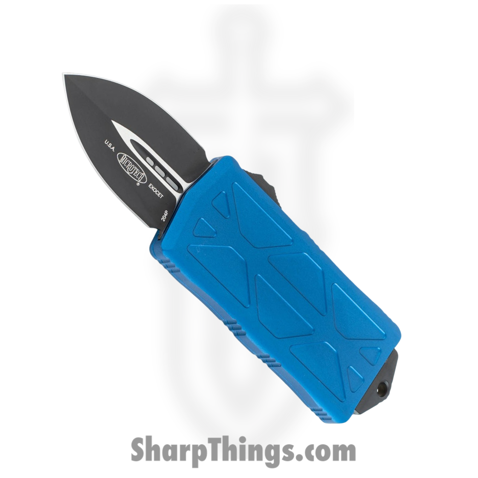 Microtech - 157-1BL - Exocet - OTF Auto - Elmax, M390, 204P Coated Dagger - 6061-T6 Aluminum - Blue