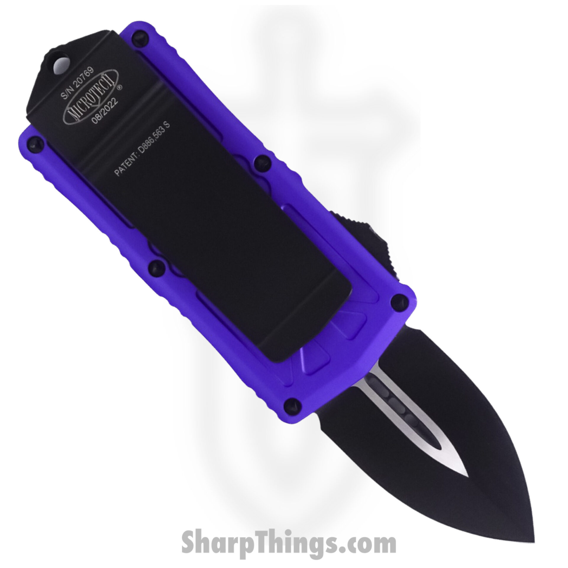 Microtech - 157-1PU - Exocet - OTF Auto - Elmax, M390, 204P Coated Dagger - 6061-T6 Aluminum - Purple - Image 2