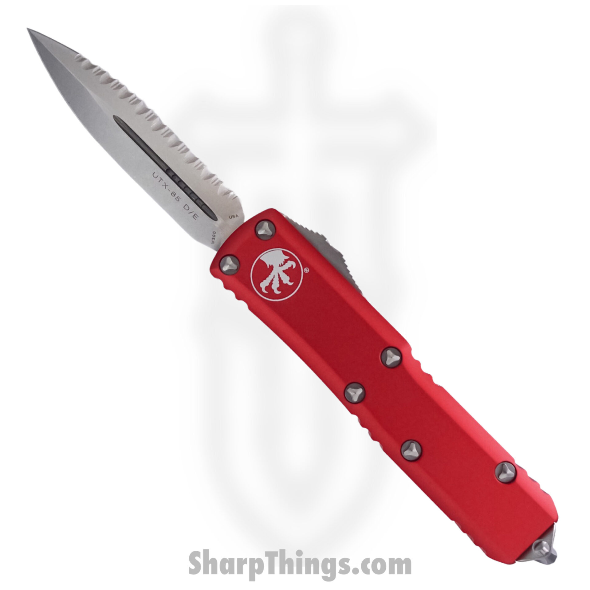 Microtech - 232-12RD - UTX-85 - OTF Auto - Elmax, M390, 204P Stonewash Dagger - 6061-T6 Aluminum - Red