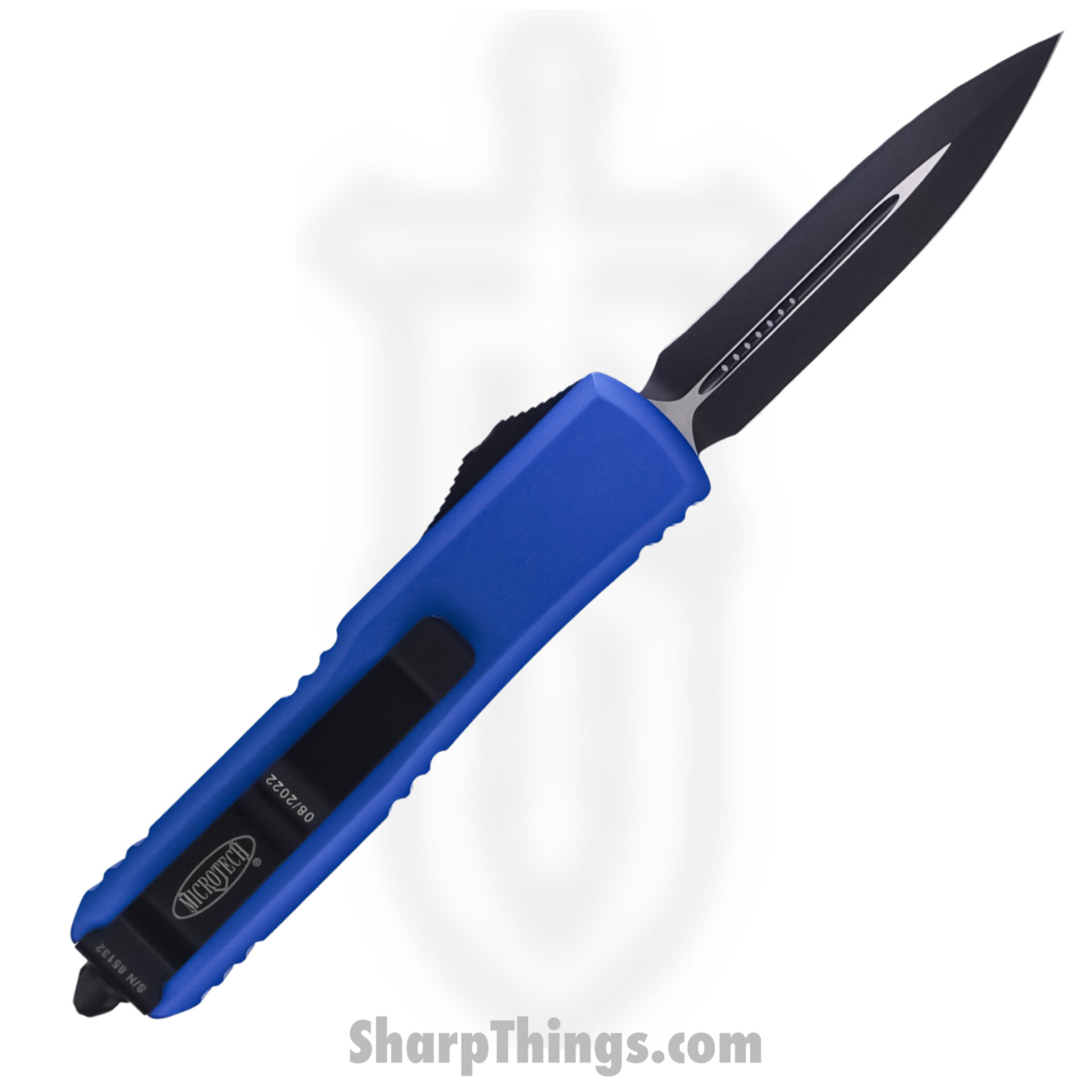 Microtech - 232-3BL - UTX-85 - OTF Auto - Elmax, M390, 204P Coated Dagger - 6061-T6 Aluminum - Blue - Image 3