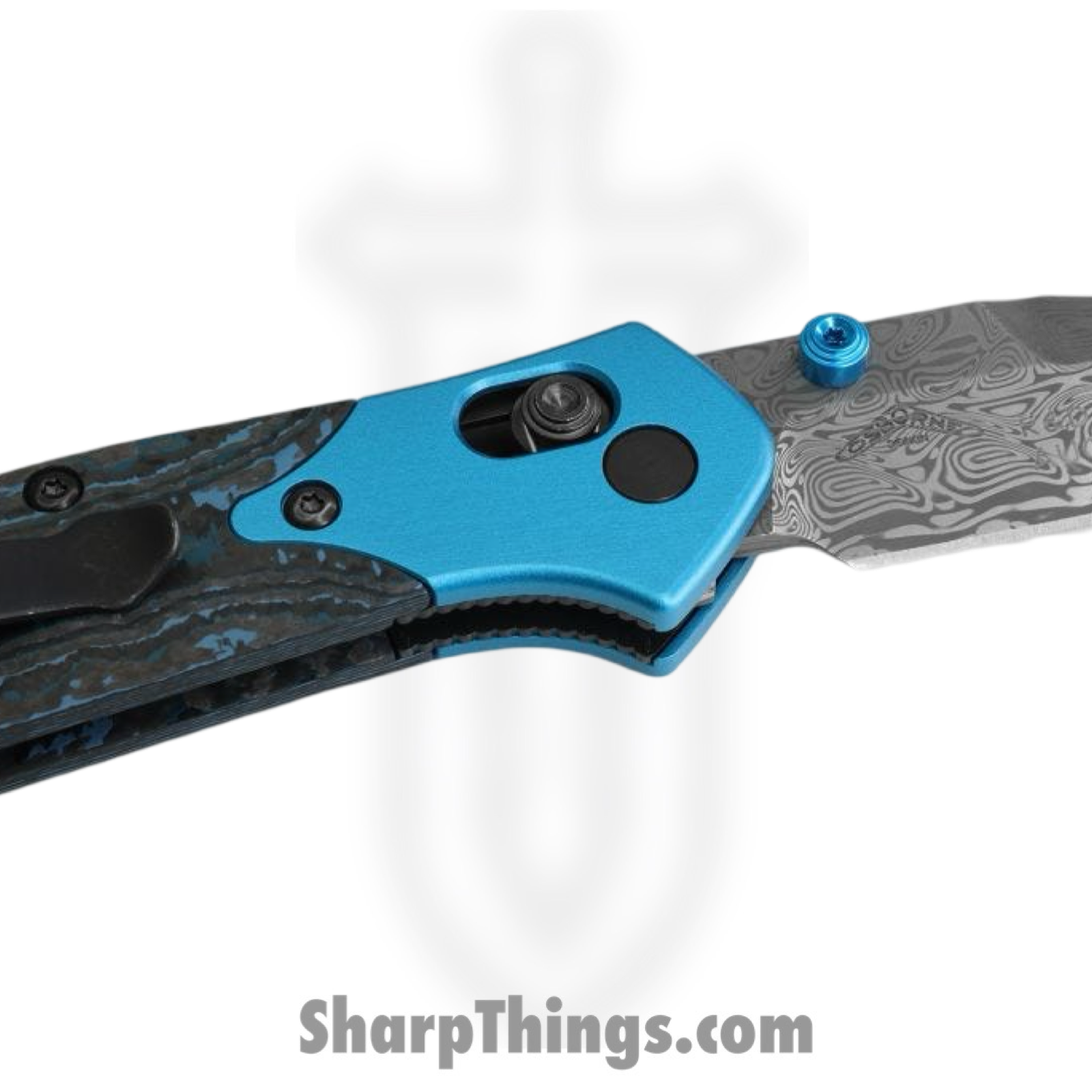Benchmade - 945-221 - Gold Class Mini Osborne - Folding Knife - Damasteel Acid Etched Reverse Tanto - FatCarbon - Blue Black - Image 5