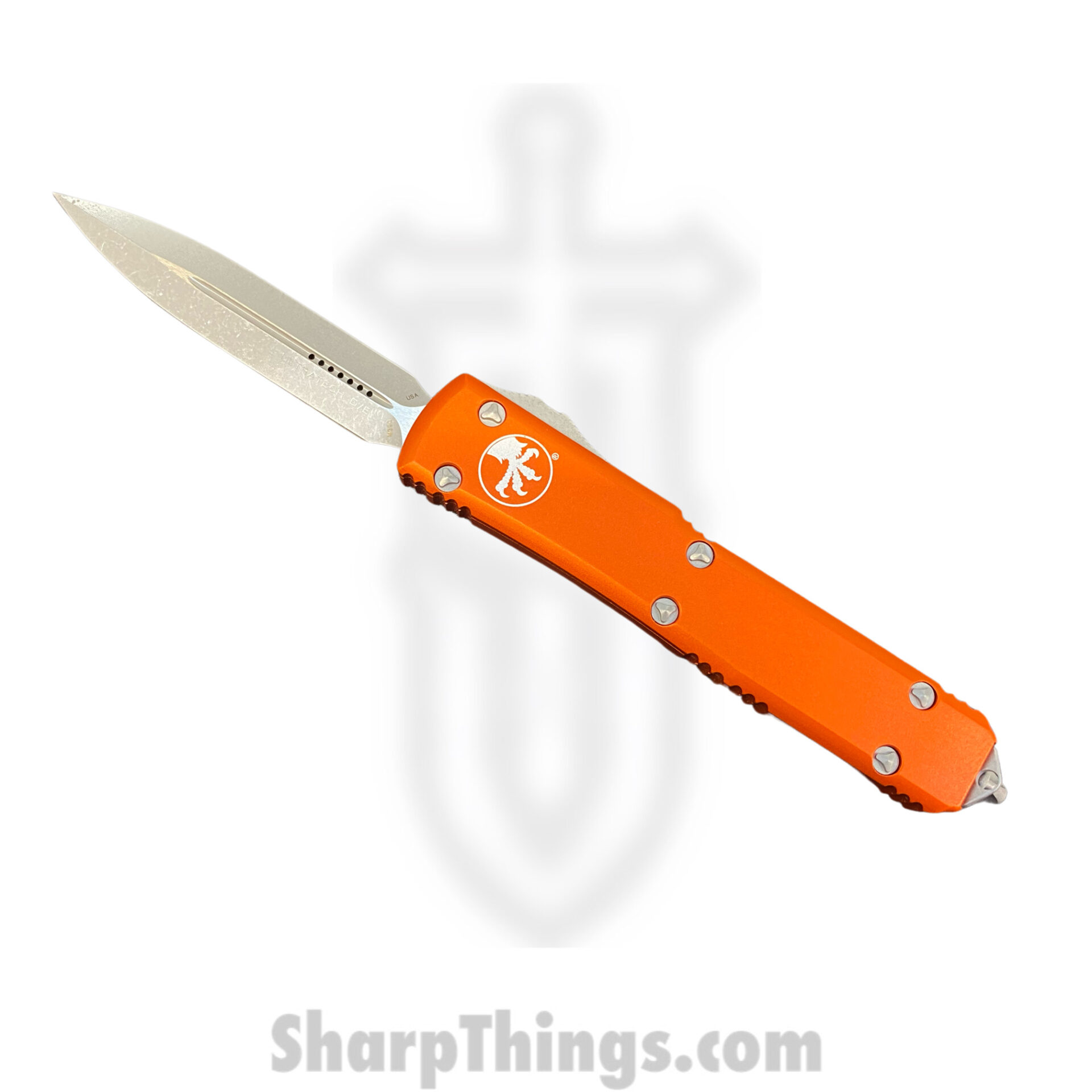 Microtech - 122-10APOR - Ultratech - OTF Auto - Elmax, M390, 204P Apocalyptic Dagger - 6061-T6 Aluminum - Orange