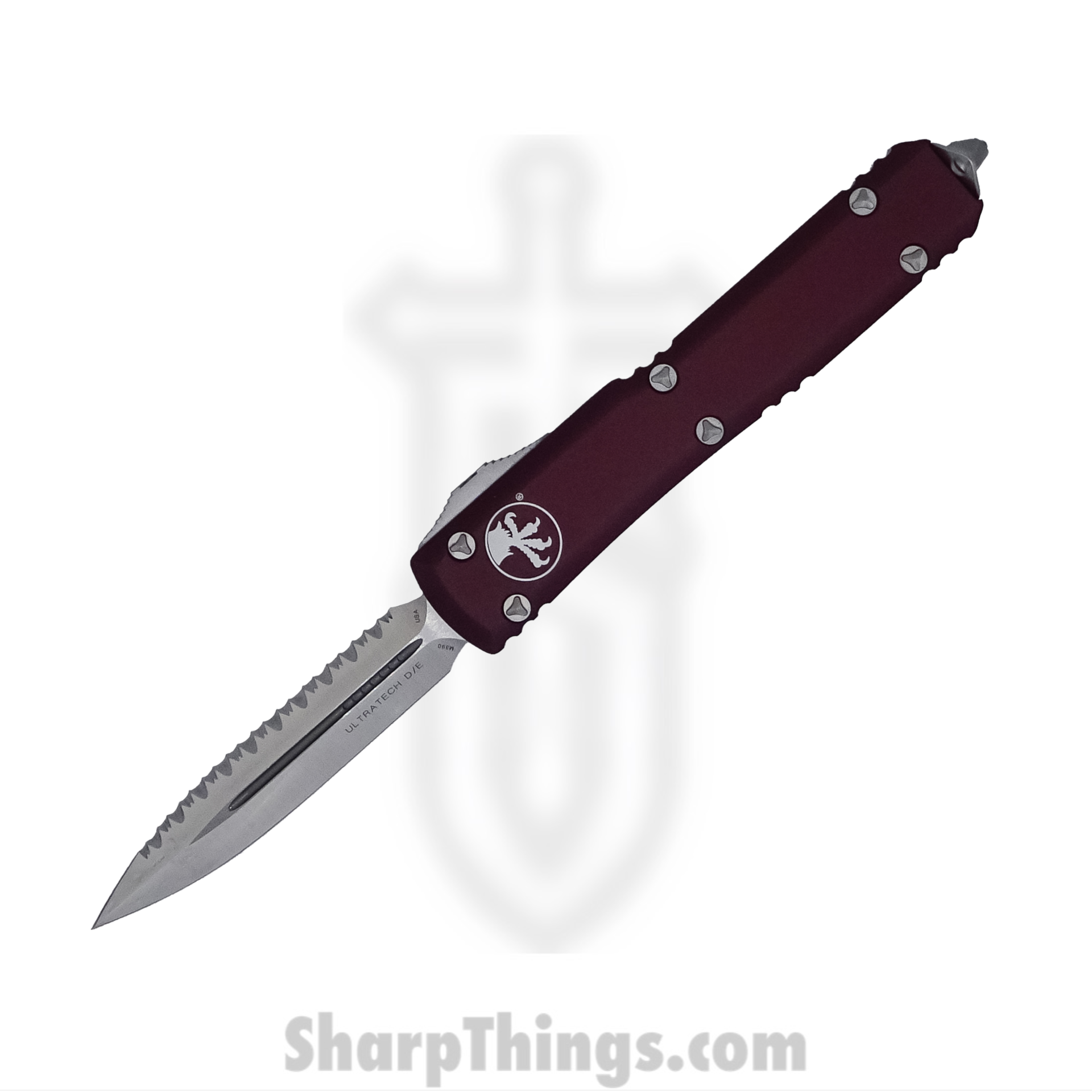Microtech - 122-6MR - Ultratech - OTF Auto - Elmax, M390, 204P Satin Dagger - 6061-T6 Aluminum - Merlot