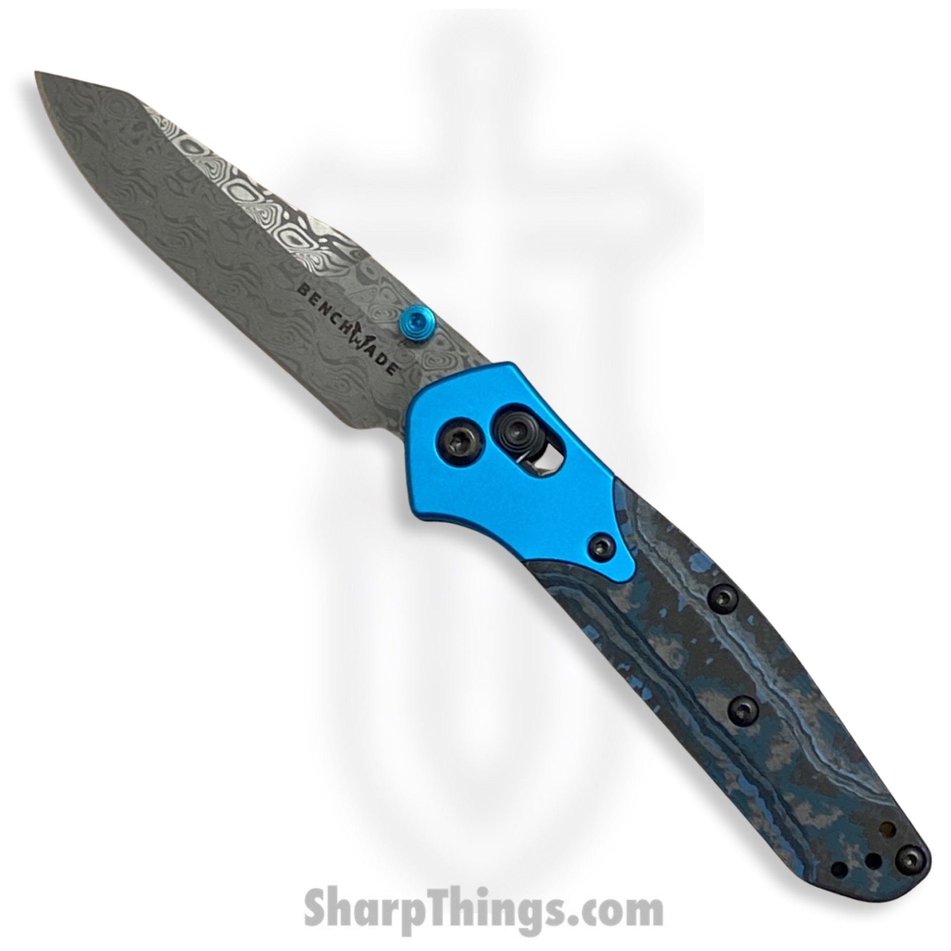 Benchmade - 945-221 - Gold Class Mini Osborne - Folding Knife - Damasteel Acid Etched Reverse Tanto - FatCarbon - Blue Black