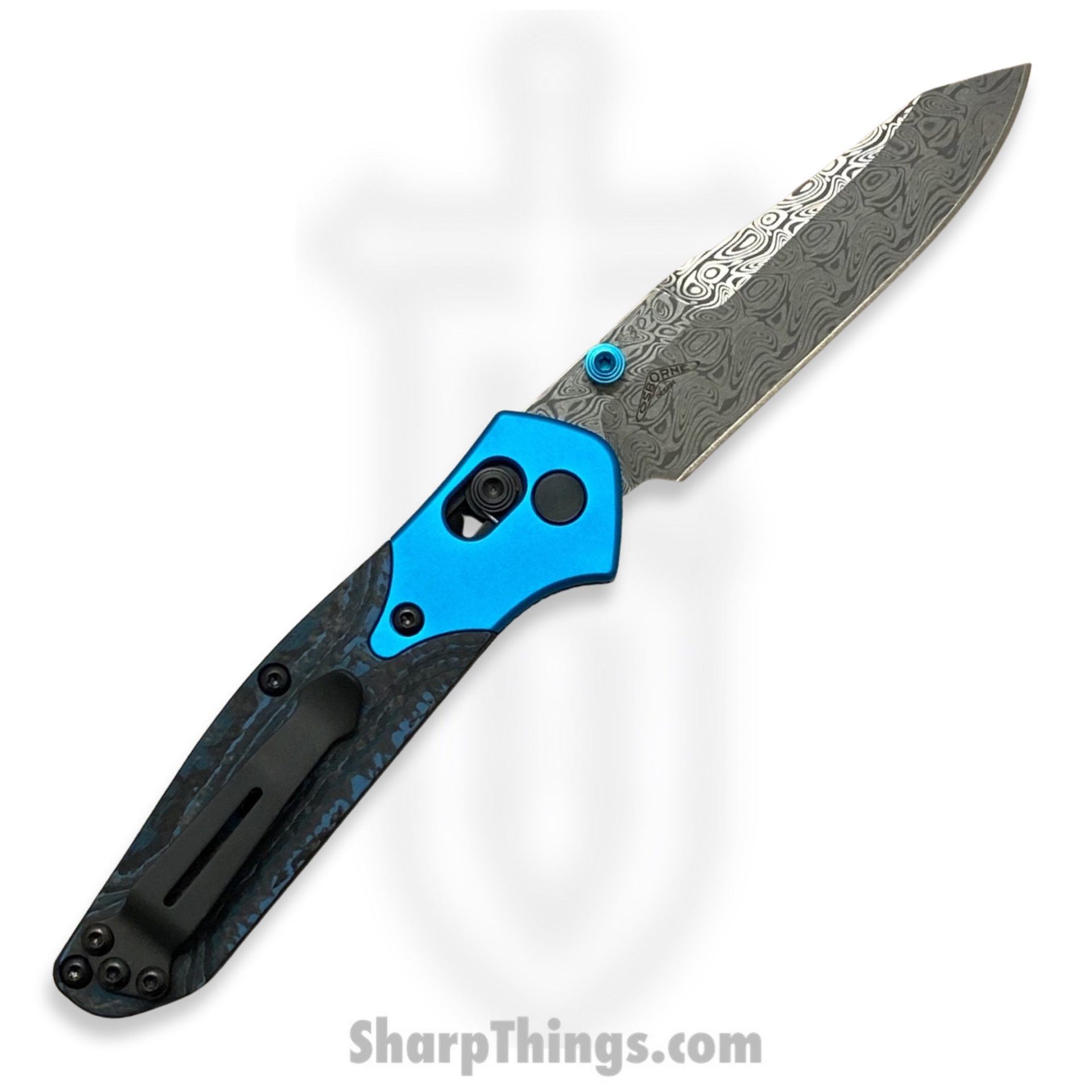 Benchmade - 945-221 - Gold Class Mini Osborne - Folding Knife - Damasteel Acid Etched Reverse Tanto - FatCarbon - Blue Black - Image 2