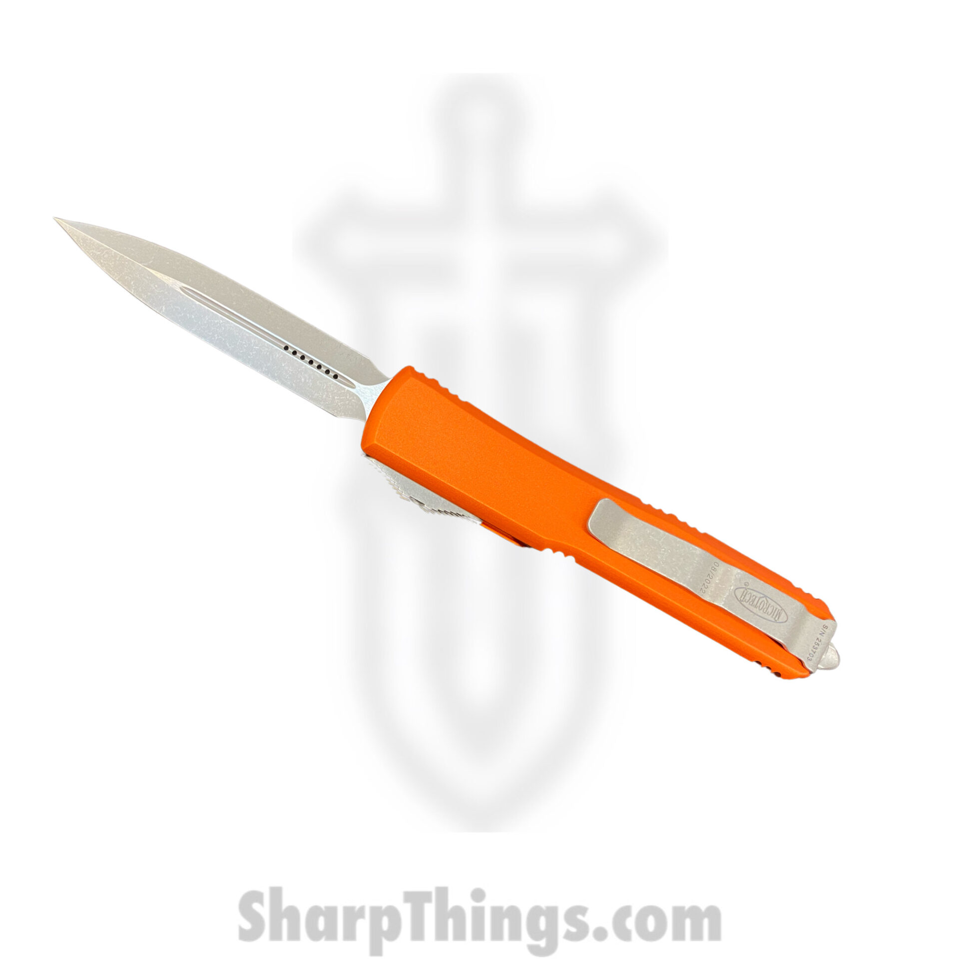 Microtech - 122-10APOR - Ultratech - OTF Auto - Elmax, M390, 204P Apocalyptic Dagger - 6061-T6 Aluminum - Orange - Image 2
