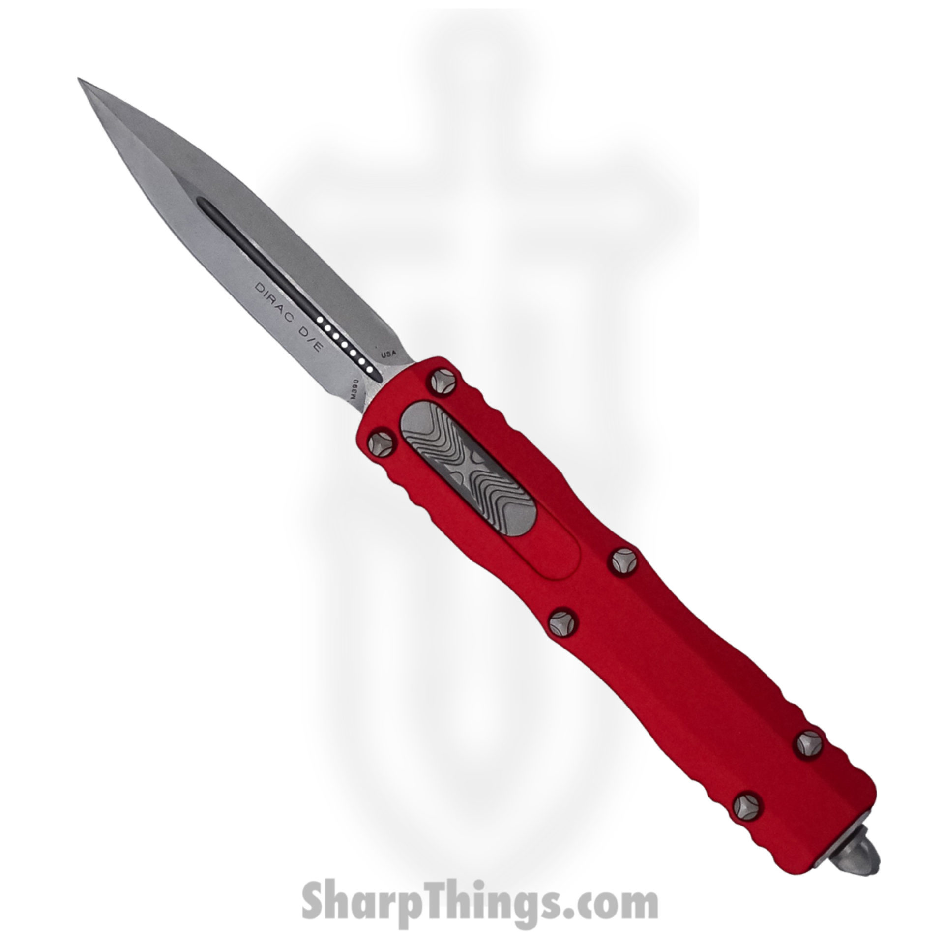 Microtech - 225-10RD - Dirac - OTF Auto - Elmax, M390, 204P Stonewash Dagger - 6061-T6 Aluminum - Red