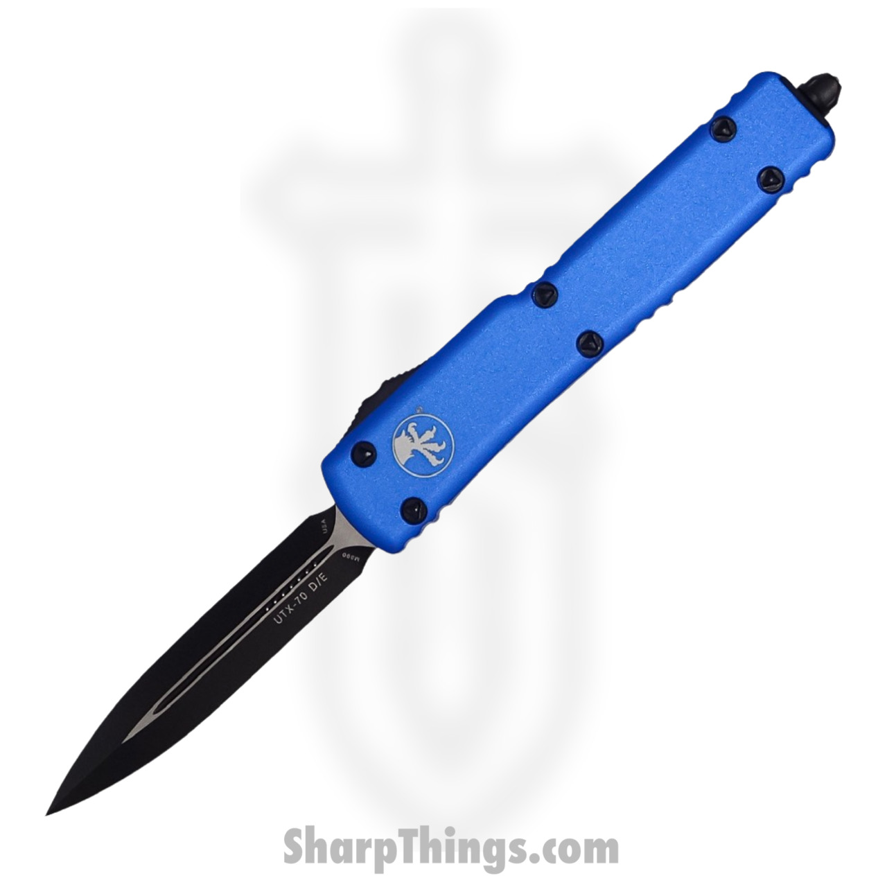 Microtech - 147-1BL - UTX-70 - OTF Auto - Elmax, M390, 204P Coated Dagger - 6061-T6 Aluminum - Blue