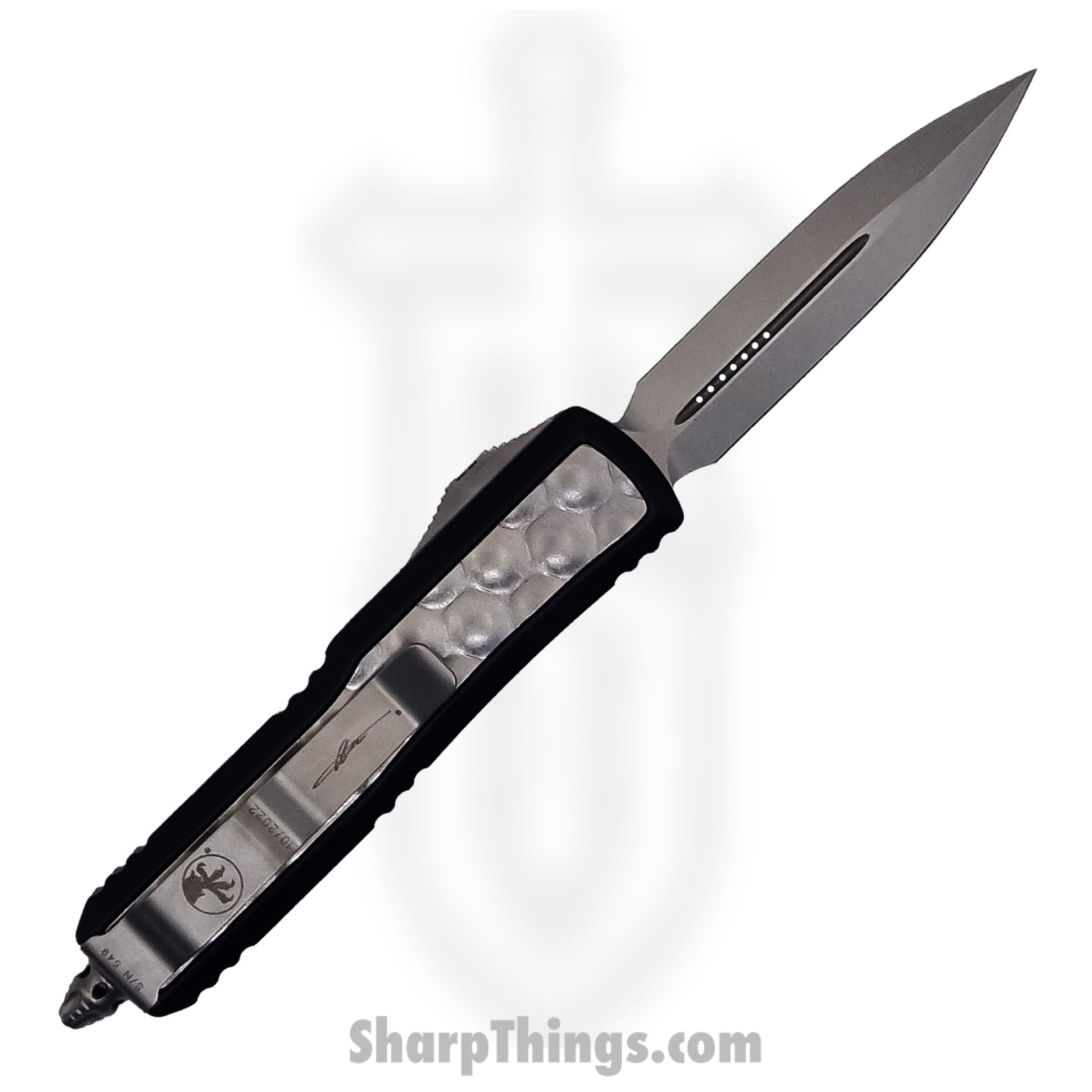 Microtech - 126-10BIS - Daytona - OTF Auto - Elmax, M390, 204P Stonewash Dagger - Aluminum/Bubble Titanium Inlay - Black/Silver - Image 2